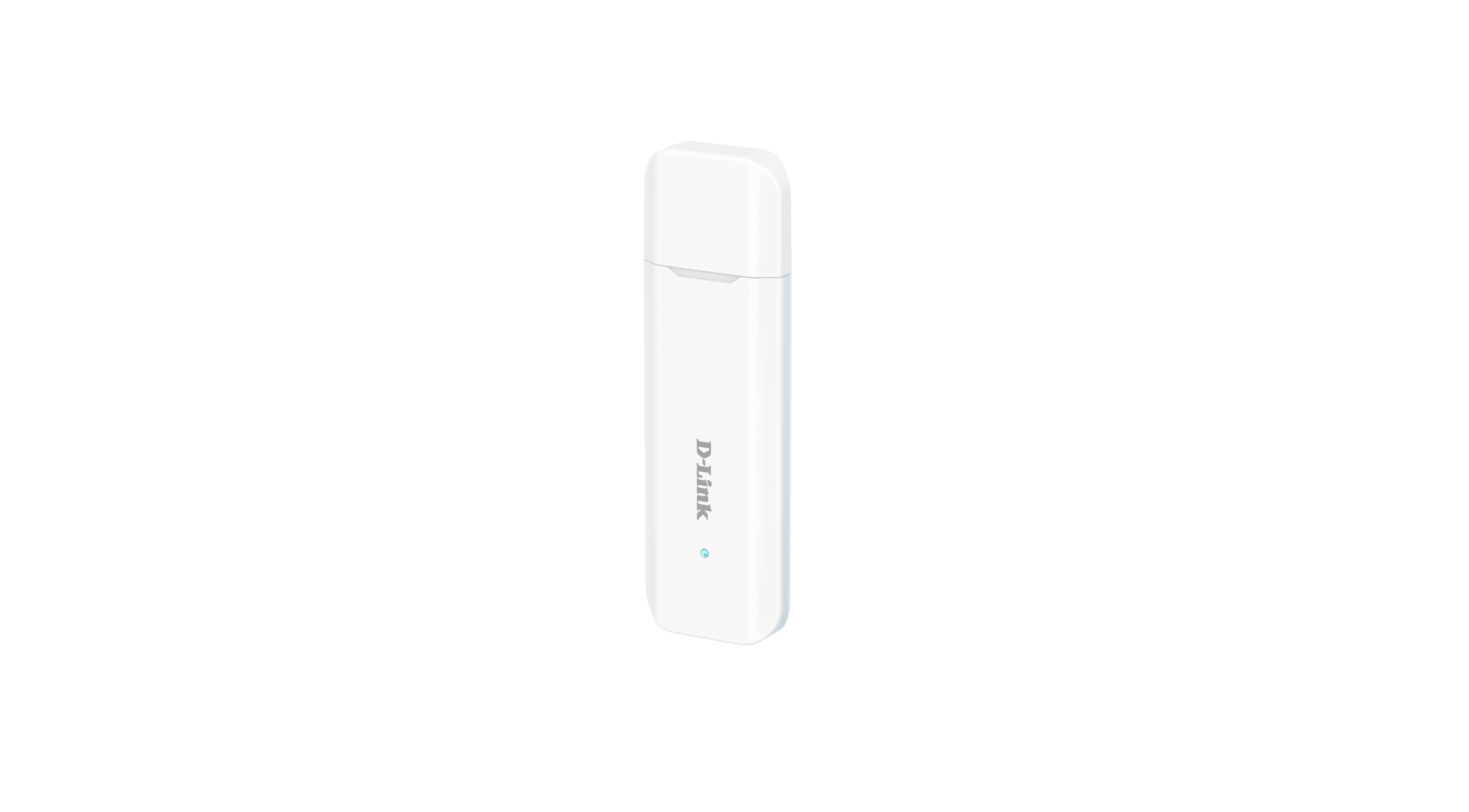 Ein weißer D-Link USB-Netzwerkadapter auf weißem Hintergrund. Das Gerät ist rechteckig mit abgerundeten Kanten und dem D-Link-Logo.