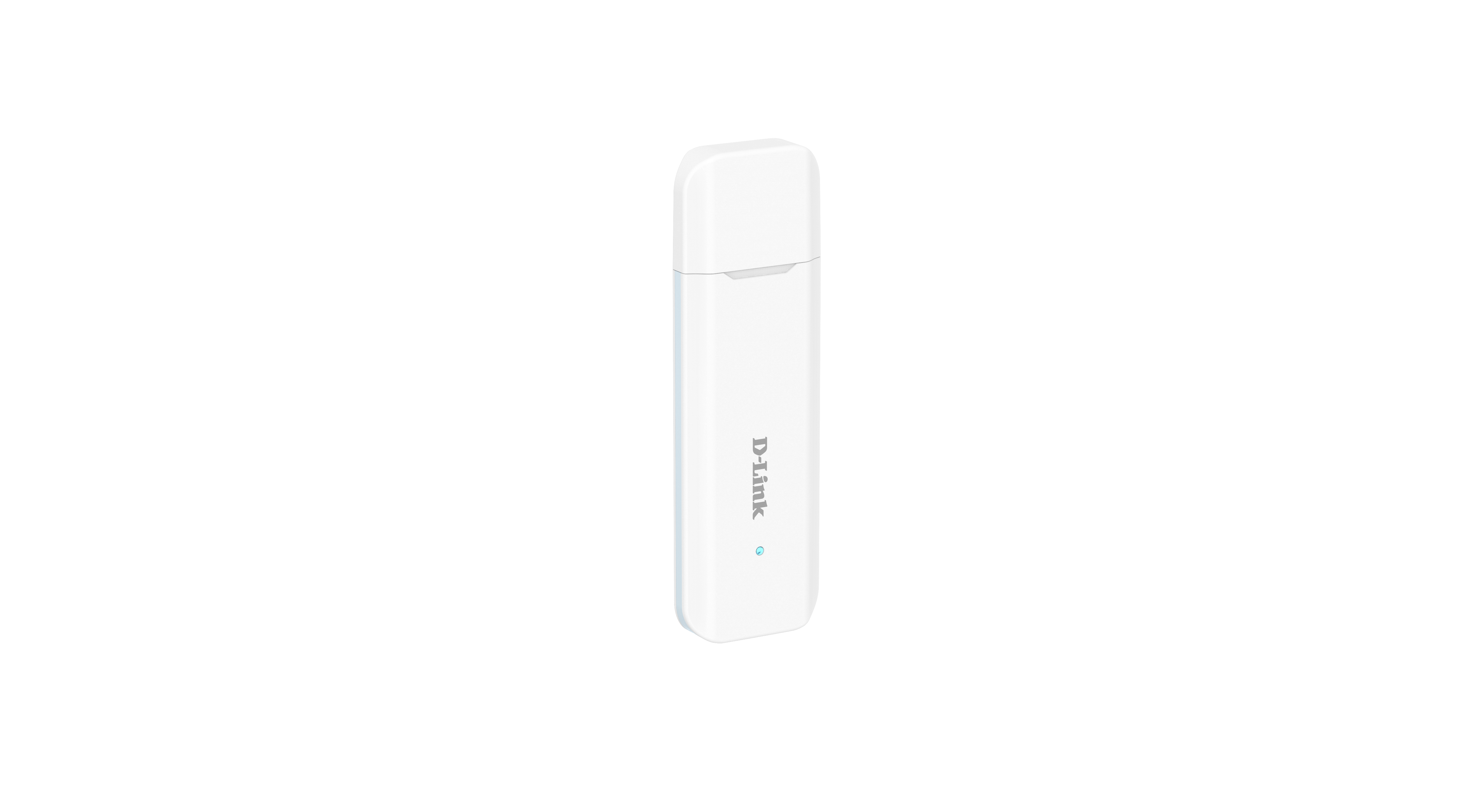 Ein weißer D-Link USB-WLAN-Adapter steht aufrecht vor weißem Hintergrund. Er hat ein blaues Licht und das D-Link-Logo.