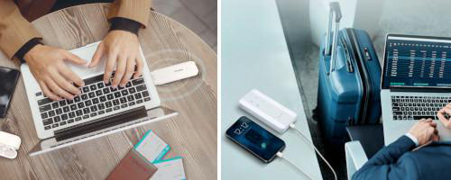 Person tippt auf Laptop, Powerbank angeschlossen. Tickets und Telefon in der Nähe. Zweites Bild zeigt Gepäck und ladendes Telefon.