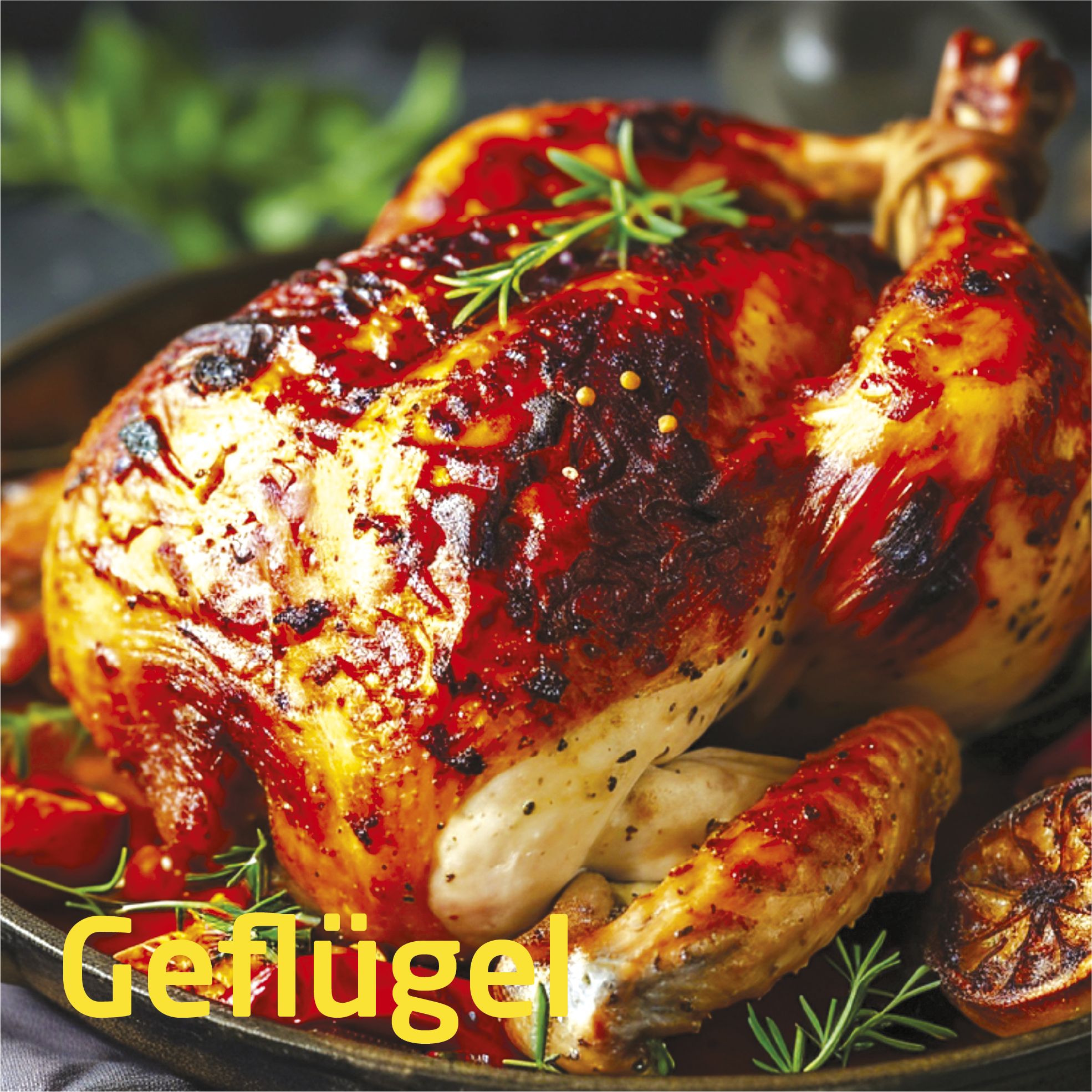 Gebratenes Hähnchen in einer Pfanne. Das Hähnchen ist goldbraun. Rosmarin und Zitrone sind als Garnierung sichtbar. Das Wort Geflügel ist geschrieben.