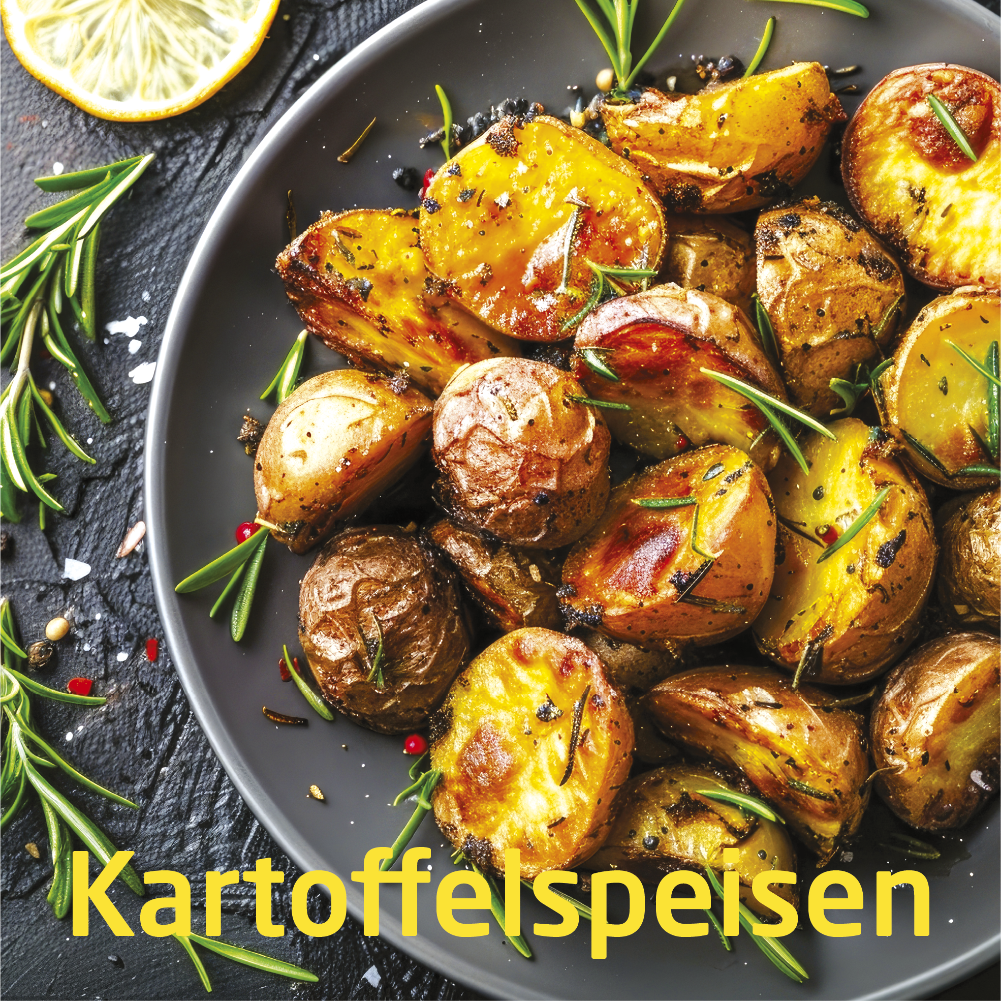 Gebratene Kartoffeln mit Rosmarin auf einem grauen Teller. Zitronenscheibe und Text 'Kartoffelspeisen' sind ebenfalls sichtbar.