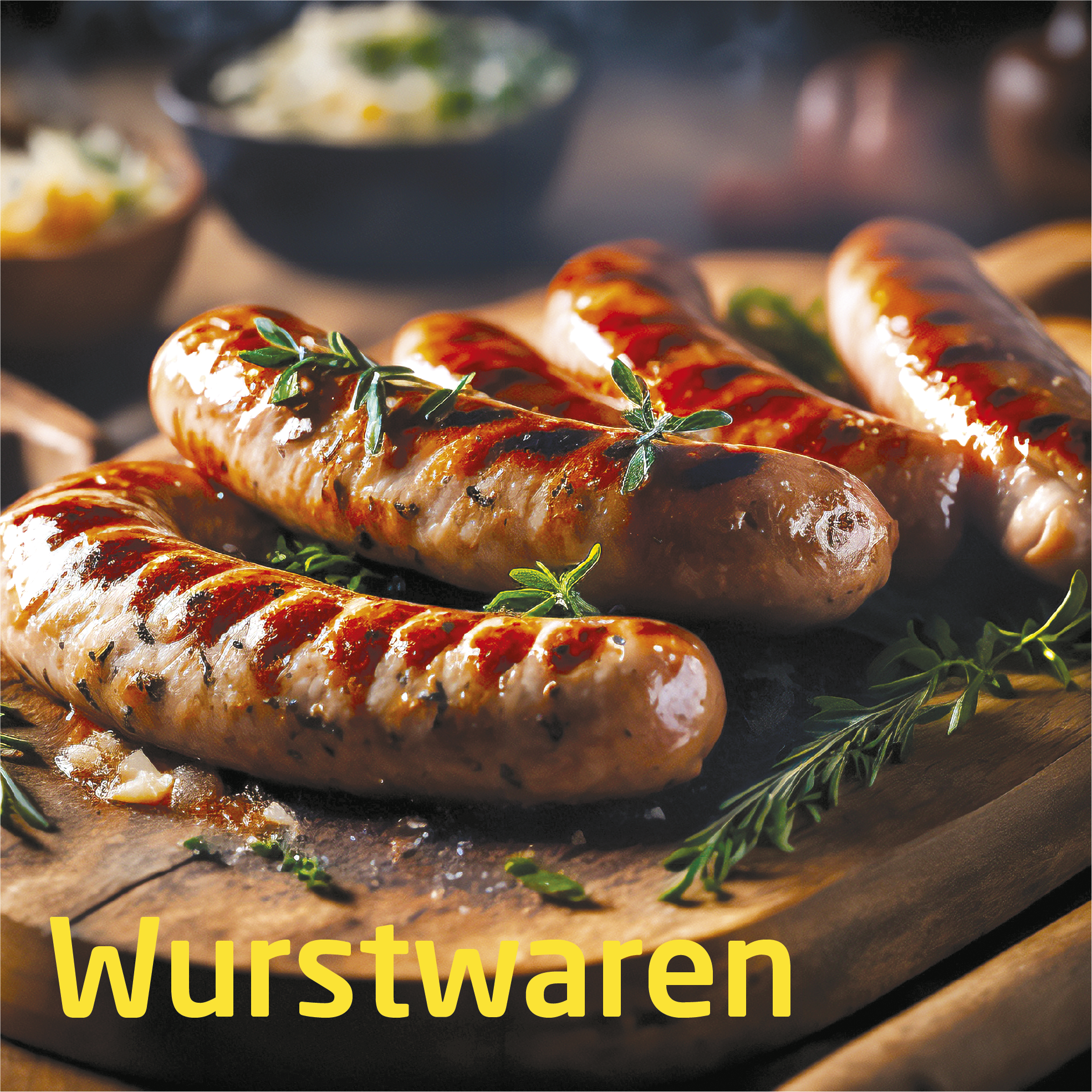 Gegrillte Würstchen auf einem Holzbrett mit Kräutern und Beilagen. Das Wort 'Wurstwaren' steht unten.