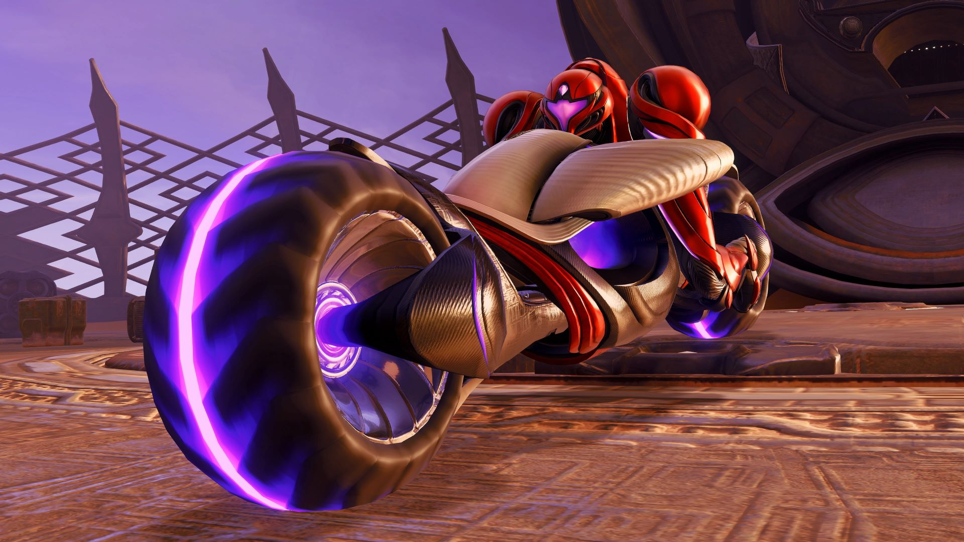 Ein futuristisches Motorrad mit einem rot-silbernen Fahrer. Das Rad leuchtet lila. Der Hintergrund hat geometrische Formen und einen lila Himmel.