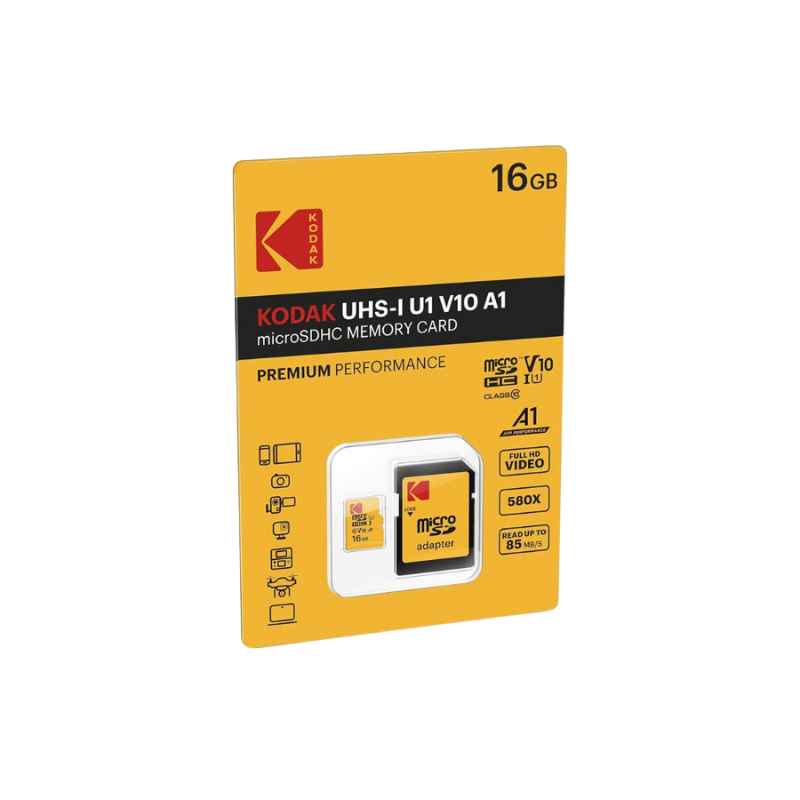 Eine Kodak microSDHC-Speicherkartenverpackung. Sie ist gelb mit schwarzem und rotem Text. Sie hat eine Karte und einen Adapter.