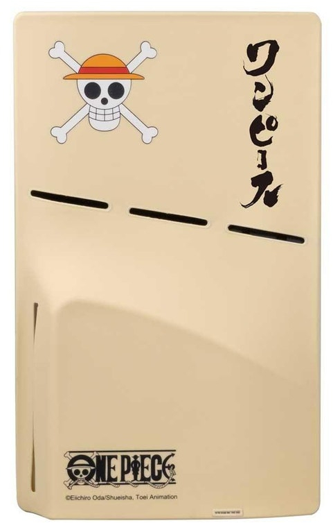 Egy bézs One Piece doboz Jolly Rogerrel, japán szöveggel és a One Piece logóval. Három vízszintes nyílás van rajta.