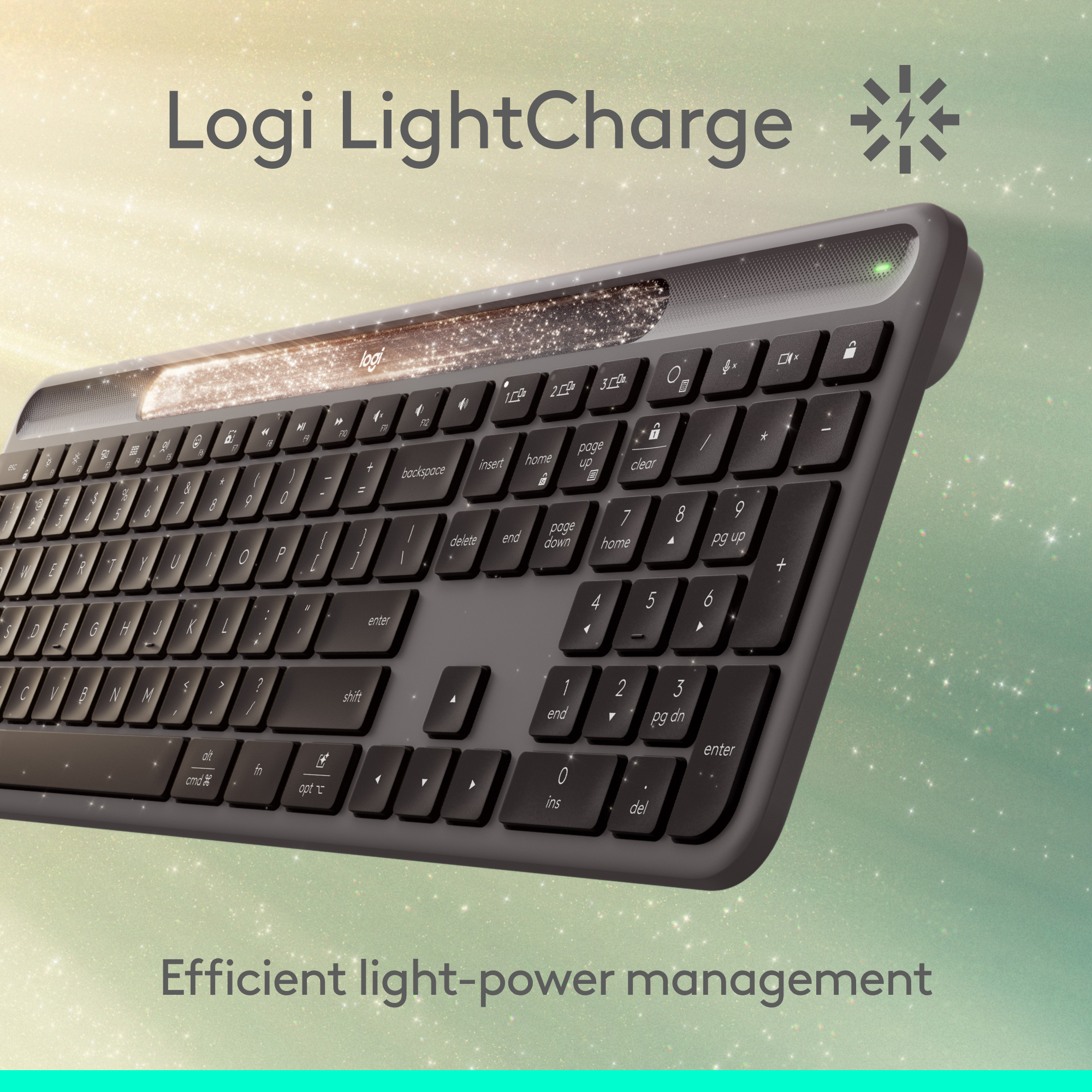 Un clavier Logitech avec des touches noires. Le fond est un dégradé jaune et vert avec des étincelles.