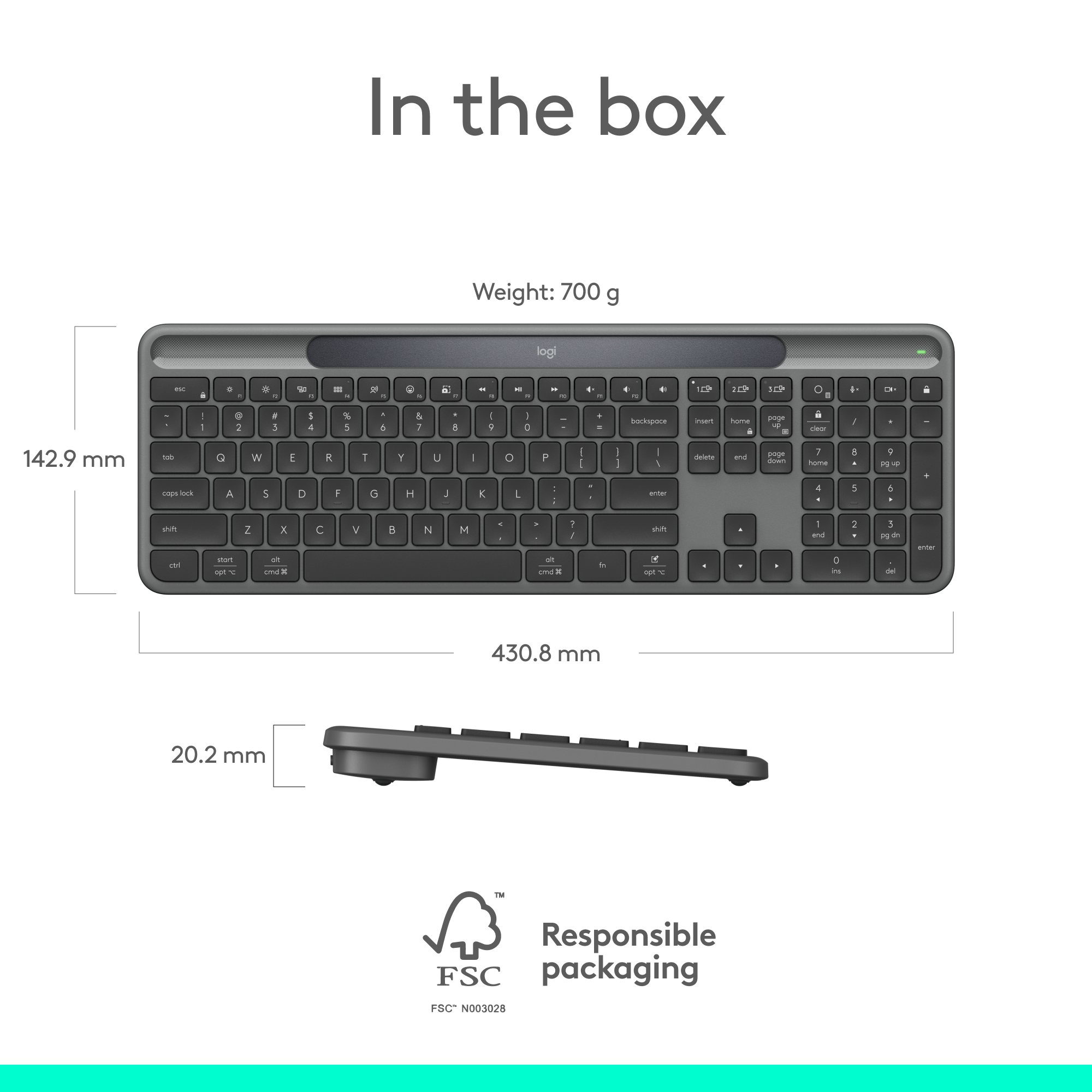 Un clavier gris avec dimensions et poids. Comprend le logo, les étiquettes de touches et l'emballage FSC responsable.