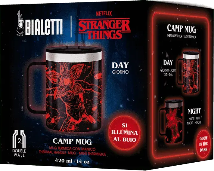 Dobozos Stranger Things bögre. Fekete, piros Demogorgon-mintával, sötétben világít. Bialetti és Netflix márka.