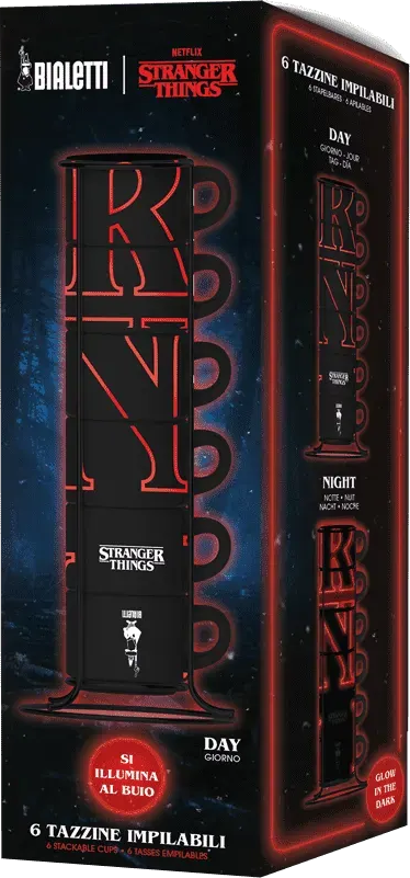 Fekete Stranger Things témájú bögre tartó piros díszítéssel. A dobozon a 'Glow in the dark' és a '6 rakás bögre' felirat látható.
