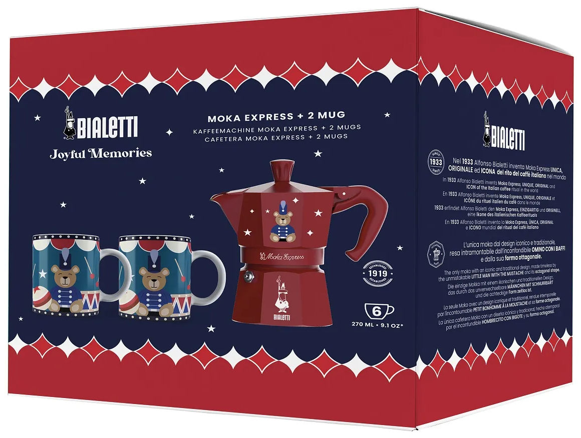 Bialetti Moka Express készlet dobozban. Piros kávéfőzőt és két, macikkal díszített bögrét tartalmaz.
