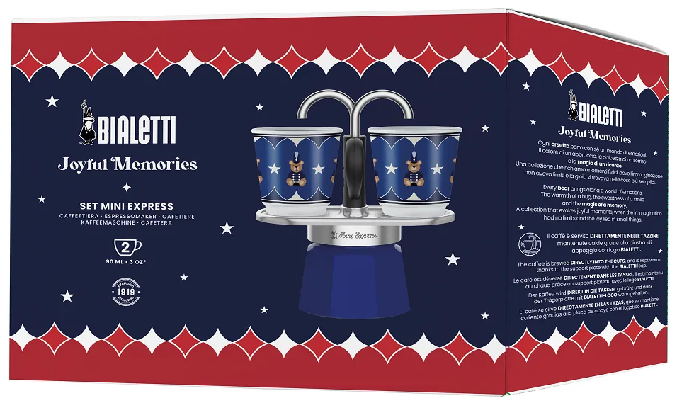 Egy Bialetti Mini Express készlet egy dobozban. Tartalmaz egy kék eszpresszófőzőt és két bögrét macikkal.