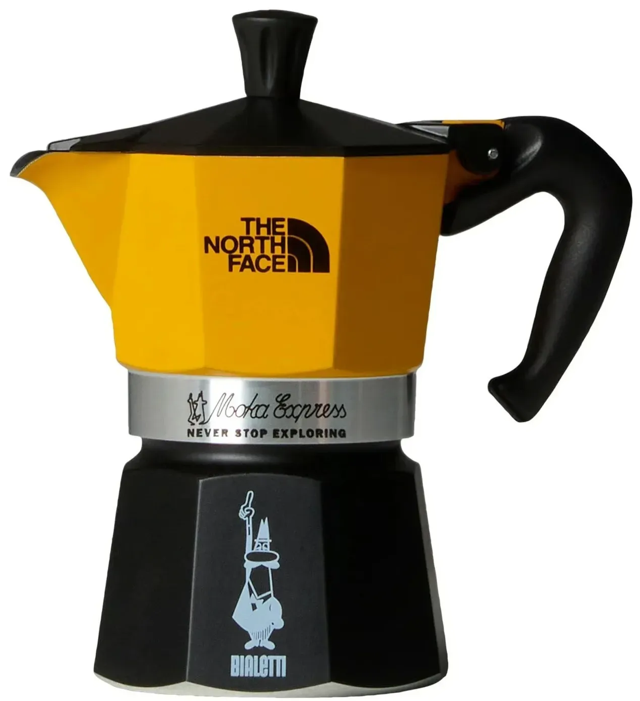 Sárga-fekete Bialetti Moka Express kávéfőző, The North Face logóval. Fekete fogantyúval és tetővel.