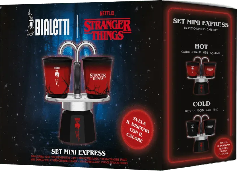 Bialetti eszpresszó készlet Stranger Things bögrékkel. Piros és fekete színvilág. A dobozon a 'Set Mini Express' felirat látható.