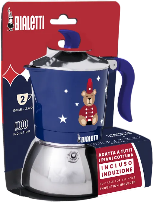 Egy kék Bialetti kotyogós kávéfőző medve illusztrációval és csillagokkal, piros-kék csomagoláson, indukcióhoz alkalmas.
