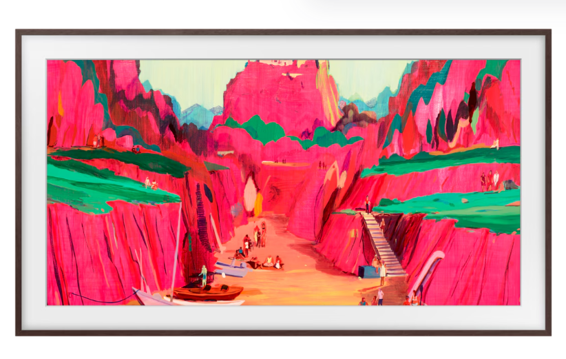 Obraz kanionu z różowymi klifami, zieloną roślinnością i ludźmi. Łodzie i schody na pierwszym planie.