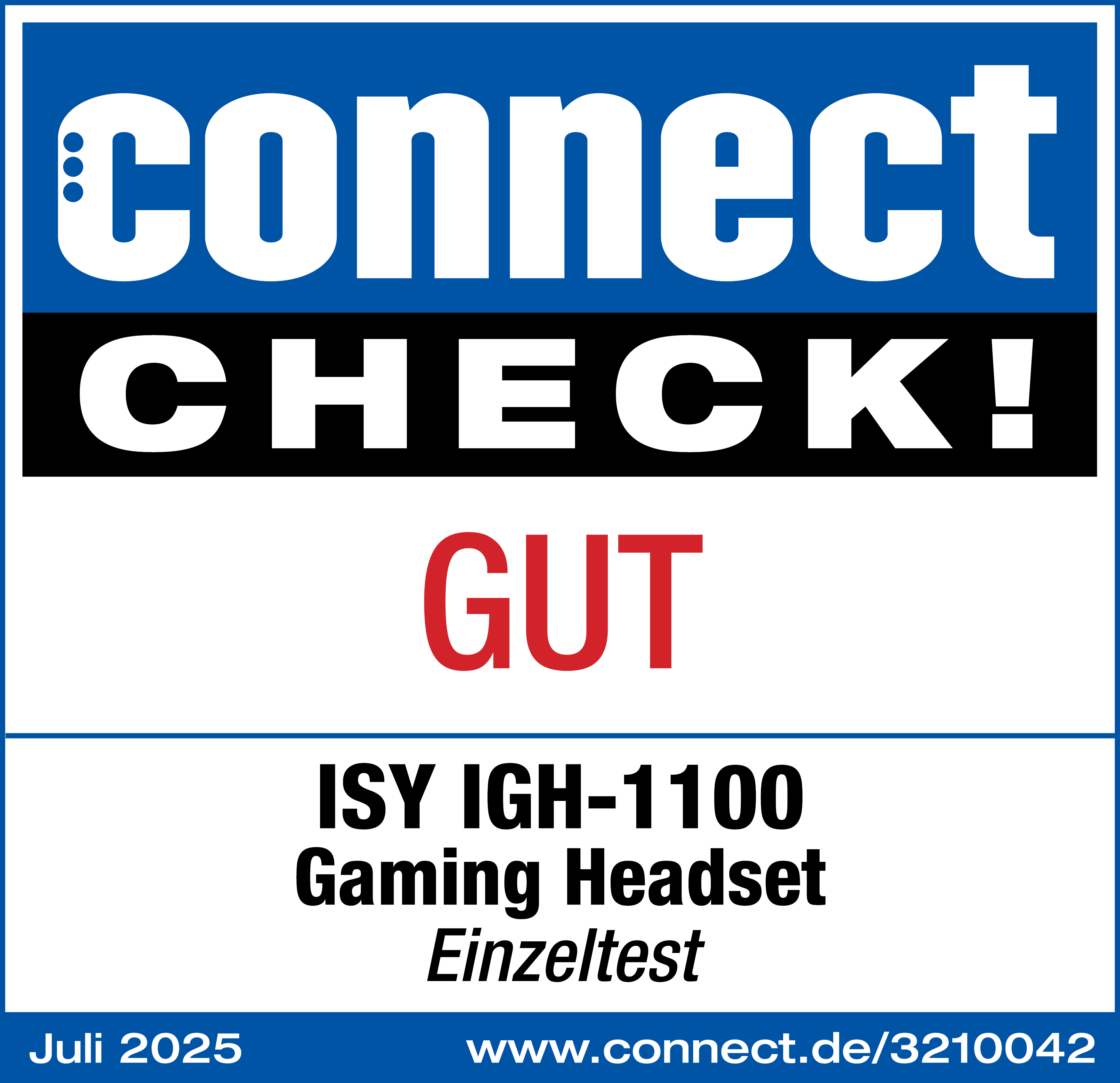 Das Bild hat ein blaues und weißes Design mit Text, der 'connect CHECK! GUT' sagt. Es hat auch Produktinfo.