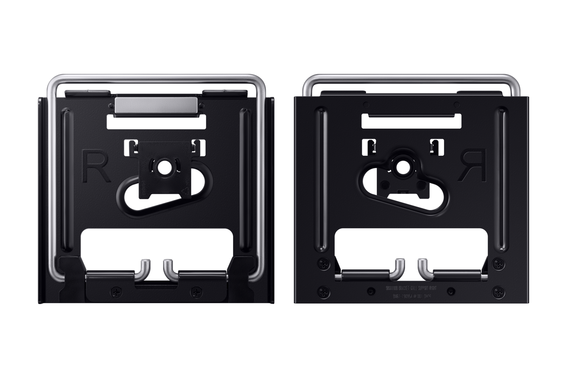 Two black metal brackets with silver handles and a central locking mechanism, set against a black backdrop.