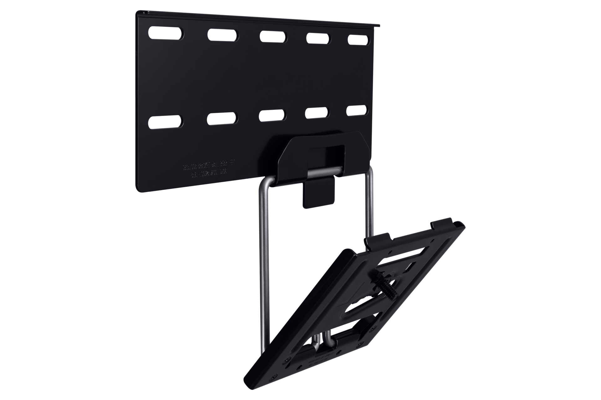 Black TV wall mount hardware, with a rectangular bracket and a smaller tilted bracket, against a black background.