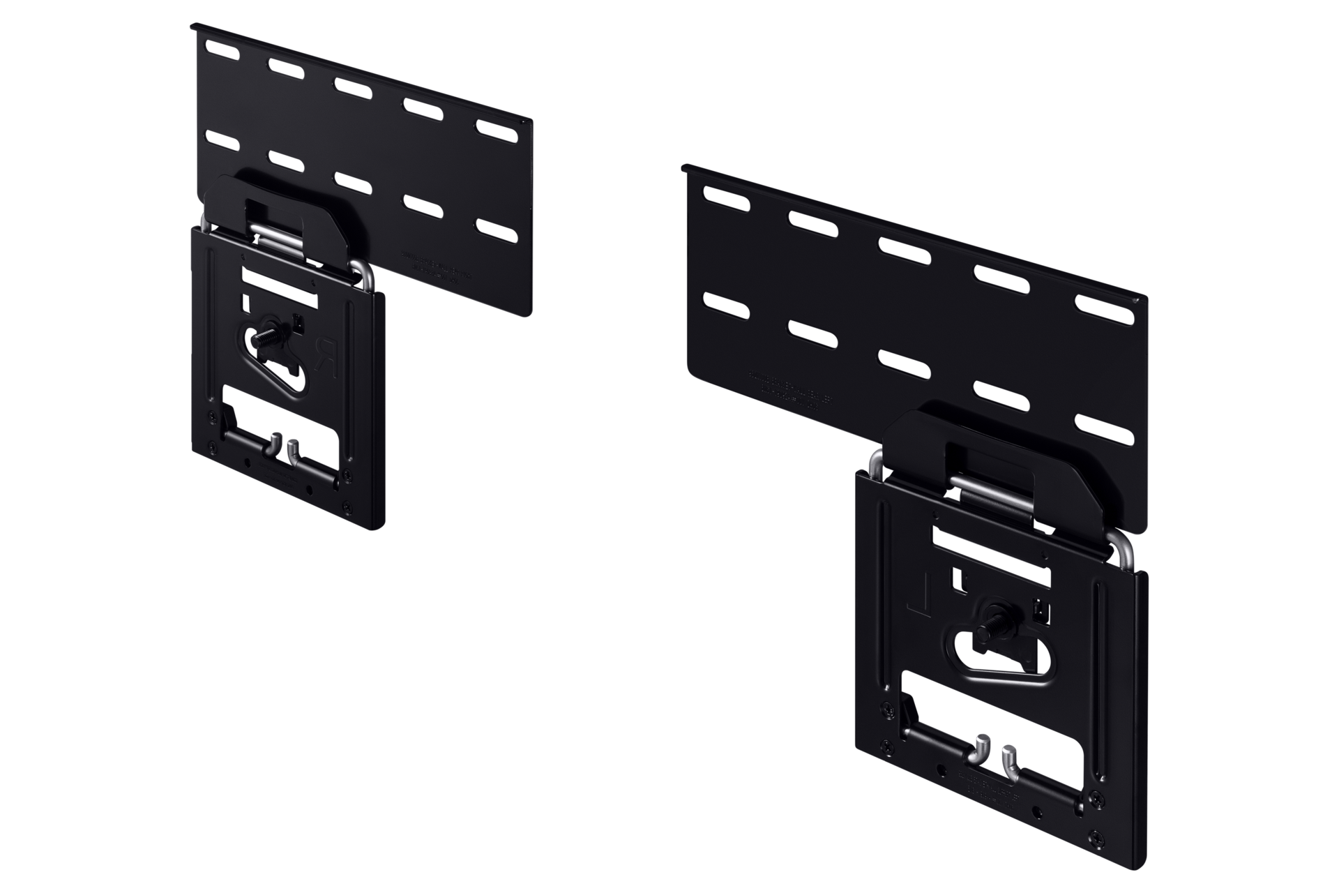 Two black TV wall mounts are displayed against a black background. Each mount has a rectangular backplate and a bracket.