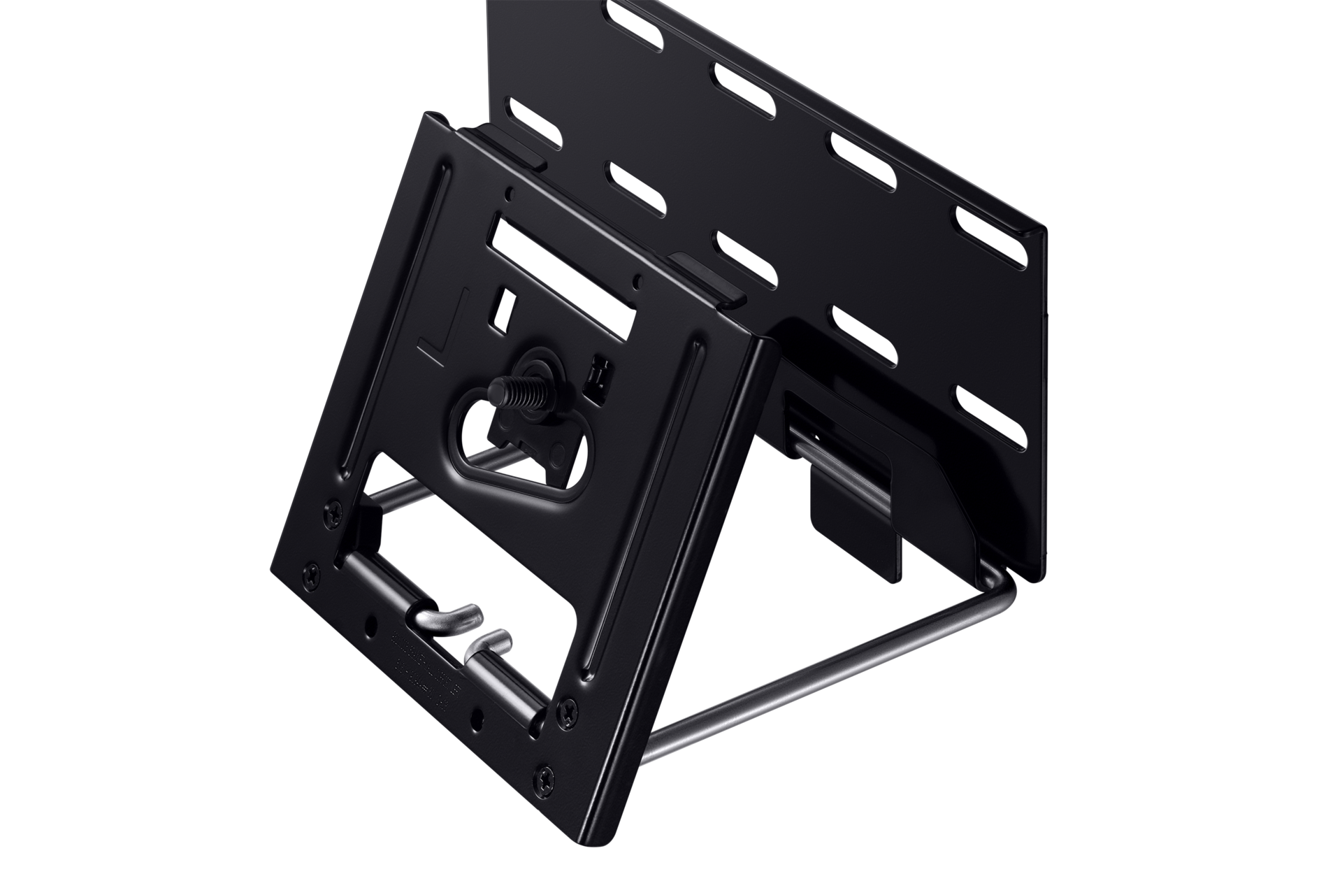 Black metal TV stand with two angled plates, a screw, and a curved metal support on a black background.