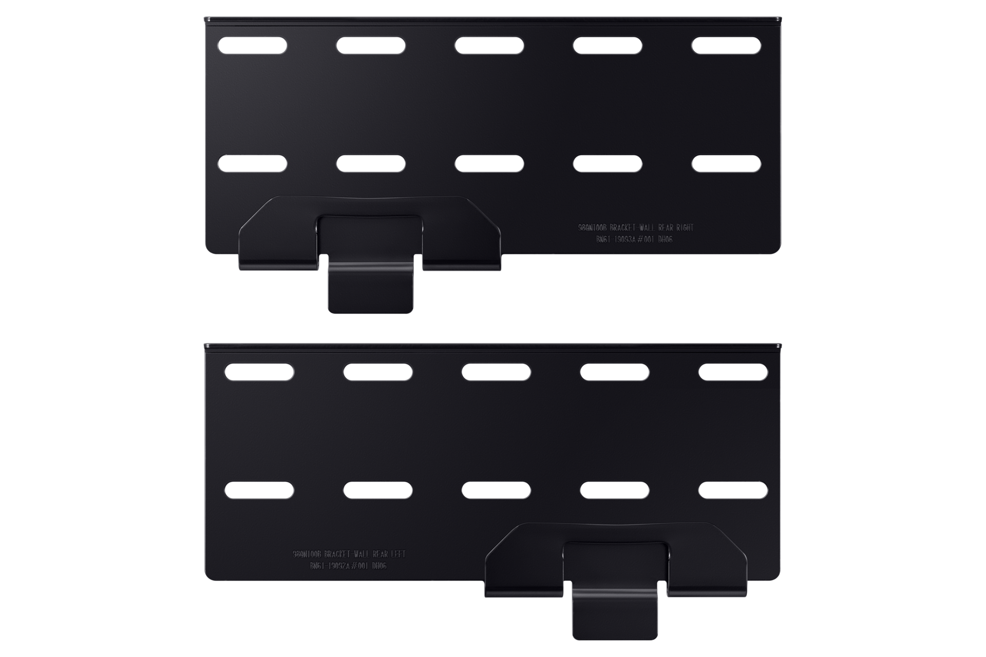 Two black metal wall brackets, each with multiple holes and a folding mechanism, against a black background.