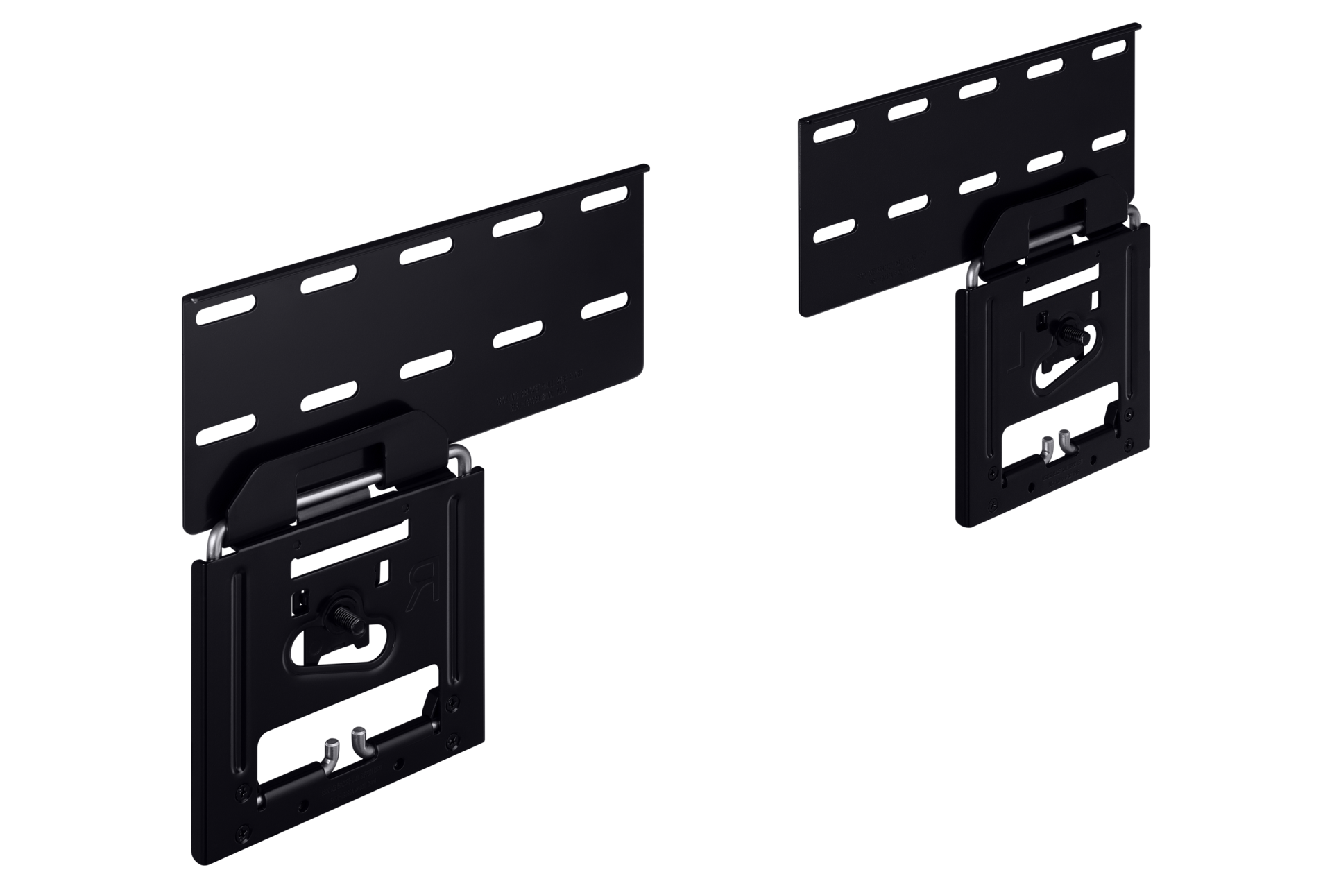Two black TV wall mounts, each with a rectangular back plate and a hinged bracket, against a black background.