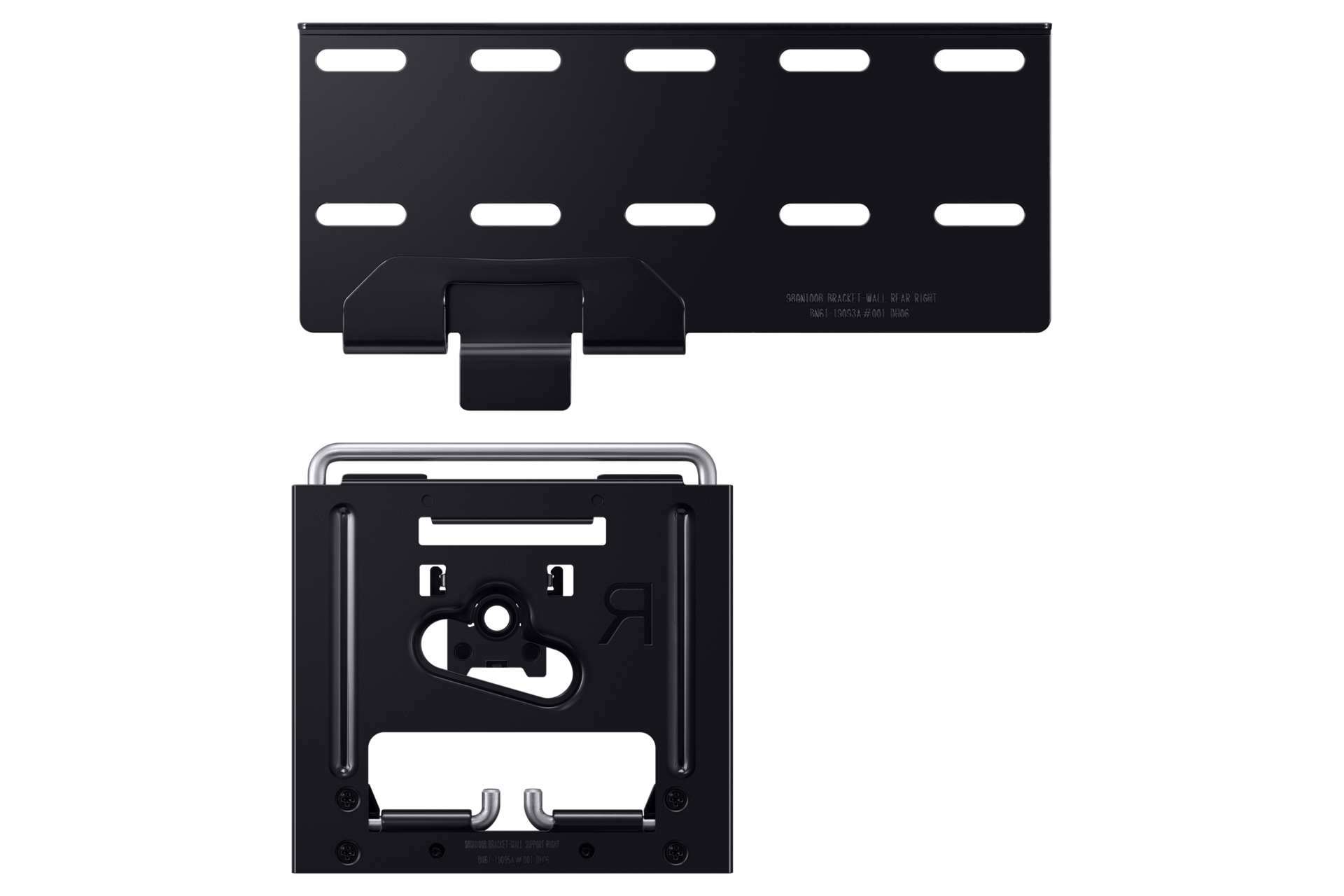 Two black metal brackets on a black background. The top one has slots, the bottom one has a hook and a curved bar.