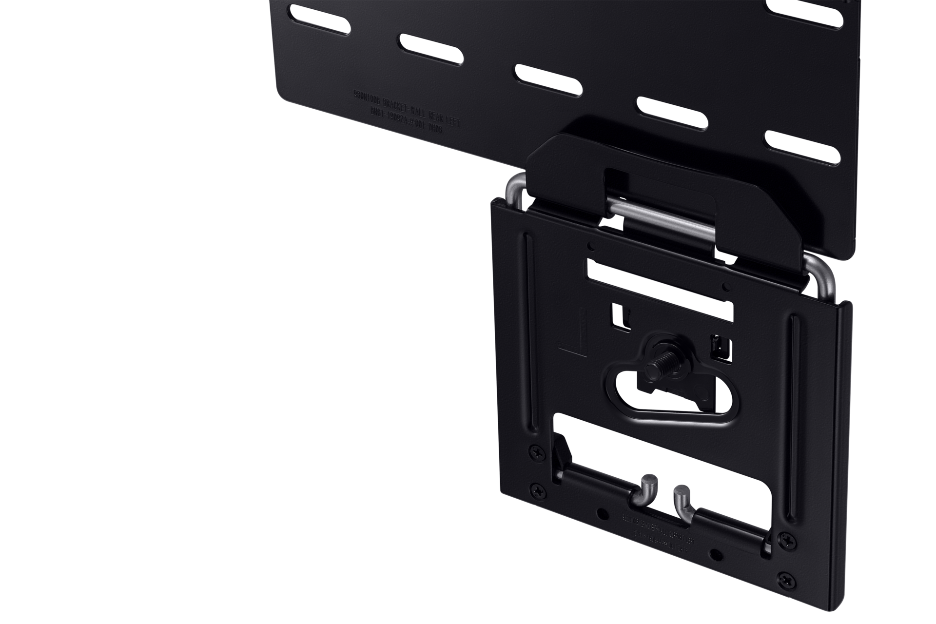 Black TV wall bracket angled. It has slots, screws, and a metal bar. The background is black.