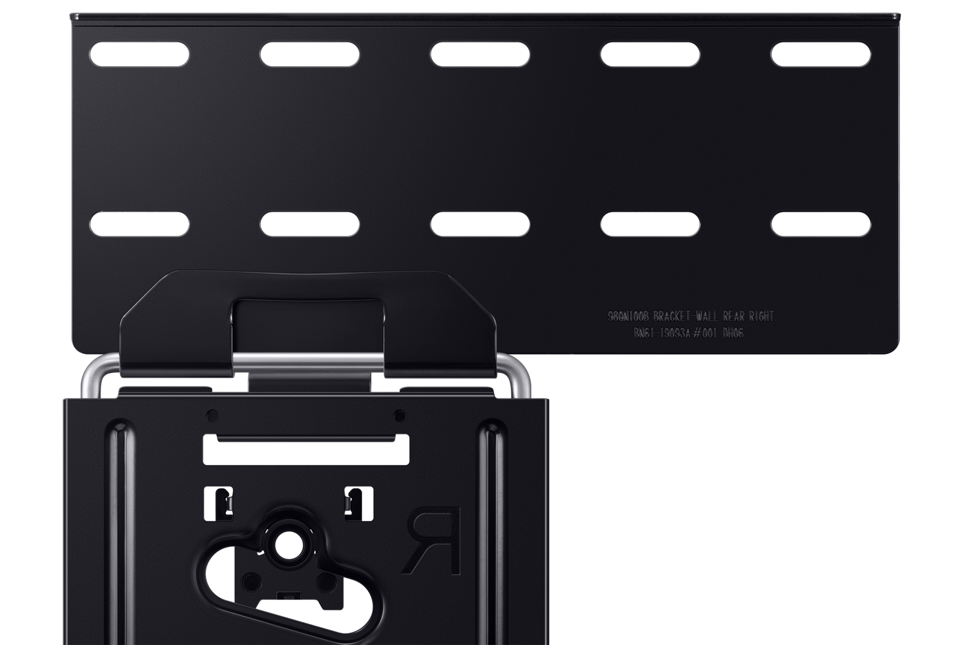 Black metal wall bracket. It has multiple holes, a curved metal piece, and text that reads '980N100B BRACKET-WALL REAR RIGHT'.