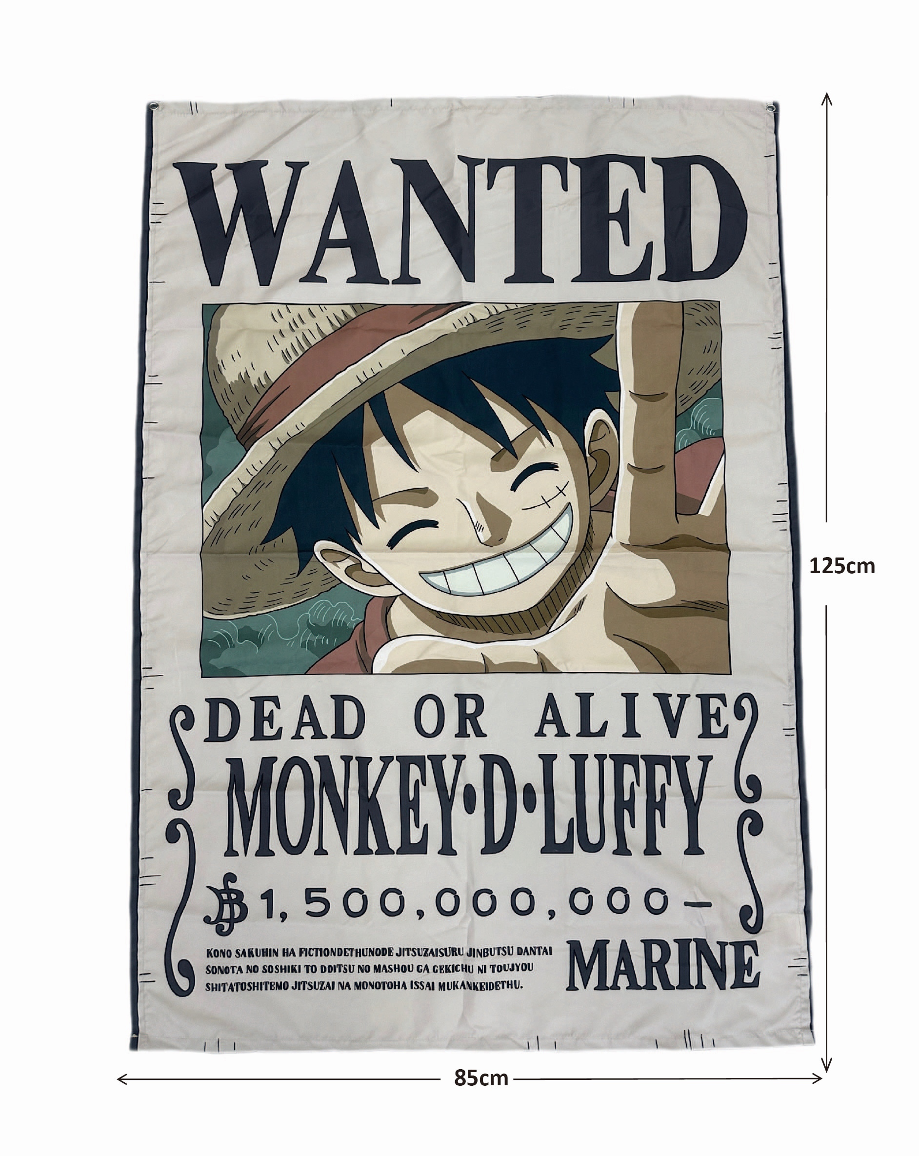Poster von Monkey D. Luffy, mit 'WANTED' und 'DEAD OR ALIVE'. Luffy lächelt und trägt einen Strohhut.