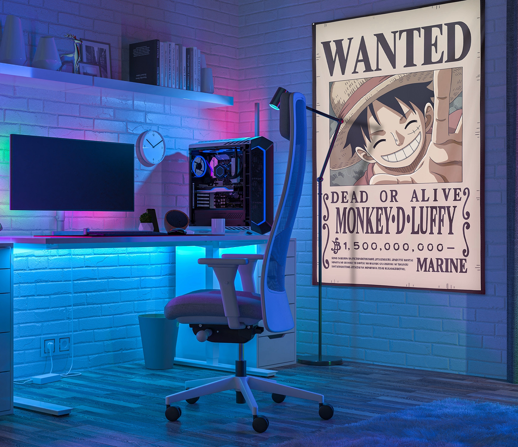 Gaming-Setup mit Computer, Stuhl und einem 'Wanted'-Poster. Der Raum hat Ambientebeleuchtung und ein One-Piece-Poster.