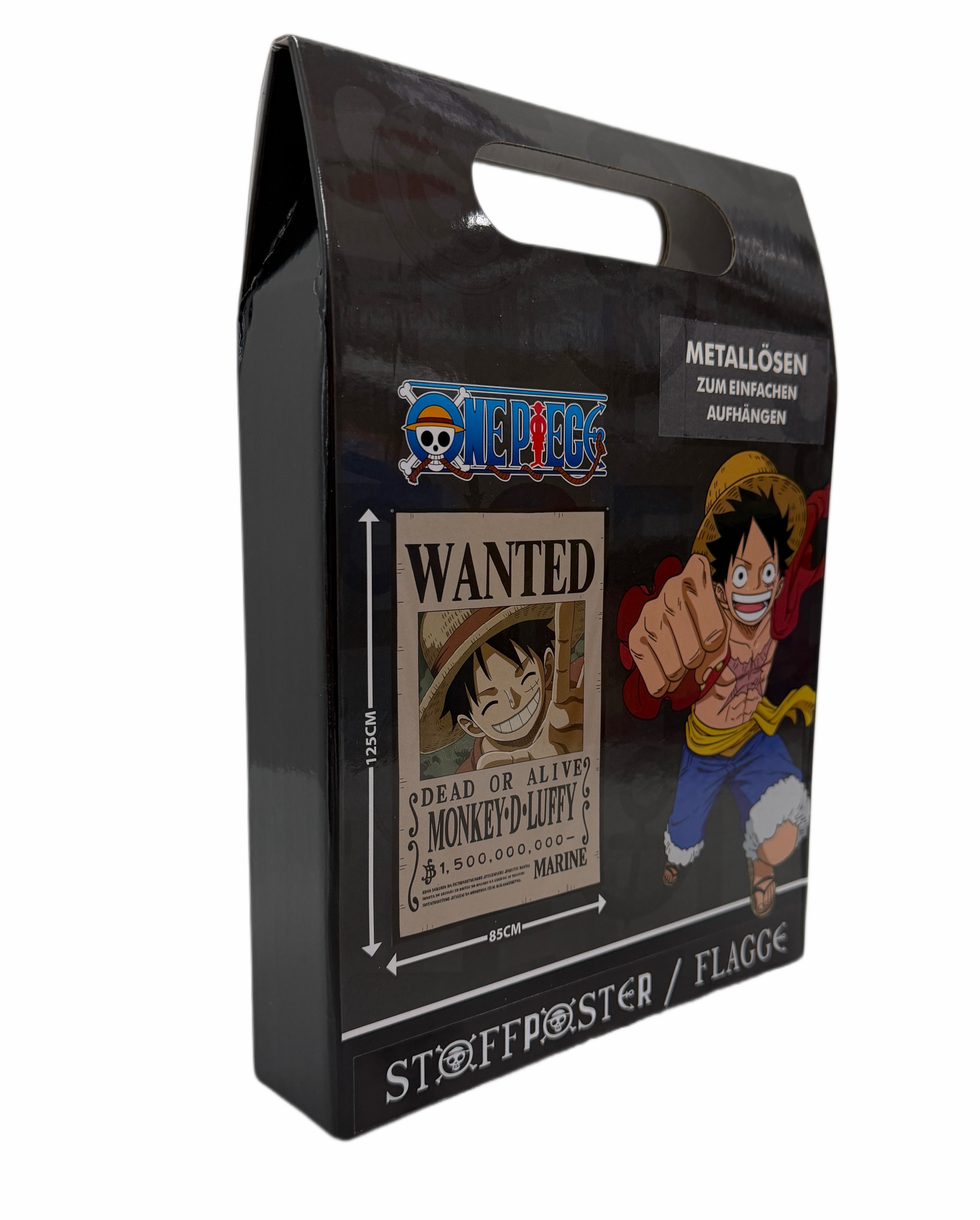 Schwarze Box mit One Piece-Poster. Luffy ist auf dem Poster. Text beinhaltet 'Wanted', 'Dead or Alive' und 'Stoffposter'.