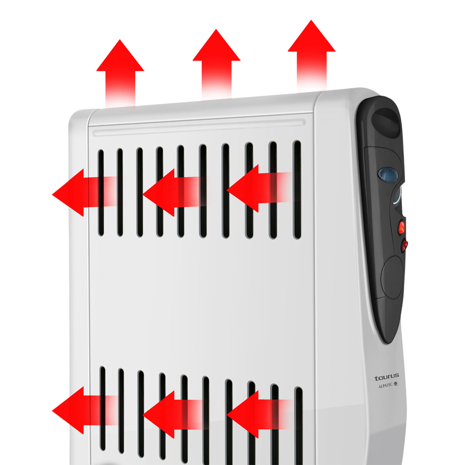 Un calefactor eléctrico blanco con flechas rojas que indican el flujo de aire. Panel de control a la derecha. Logo Taurus Alpatec visible.