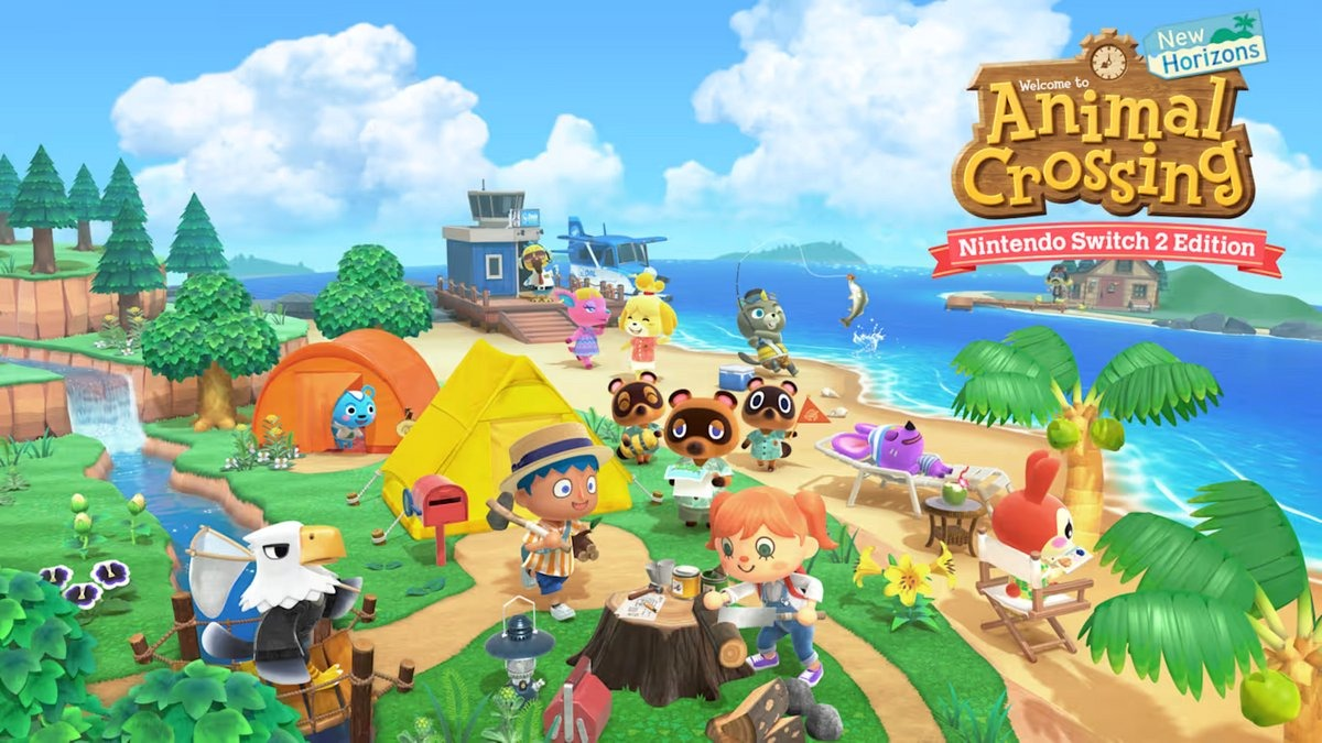 Animal Crossing New Horizons scène. Personages op een strand, anderen kamperen. Titel en Nintendo Switch logo zichtbaar.
