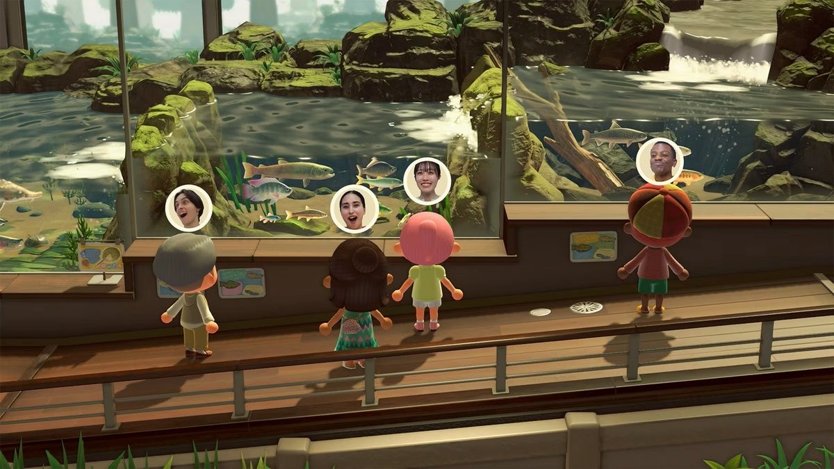 Avatars van mensen die naar een aquarium kijken. De tank heeft vissen, rotsen en een waterval. Cartoonfiguren staan ​​op de voorgrond.