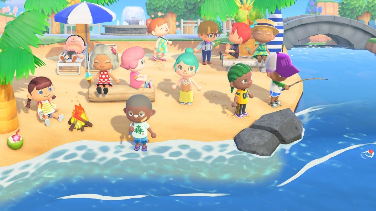 Strandscène met cartoonfiguren. Sommigen vissen, anderen ontspannen. Palmbomen en een brug op de achtergrond.