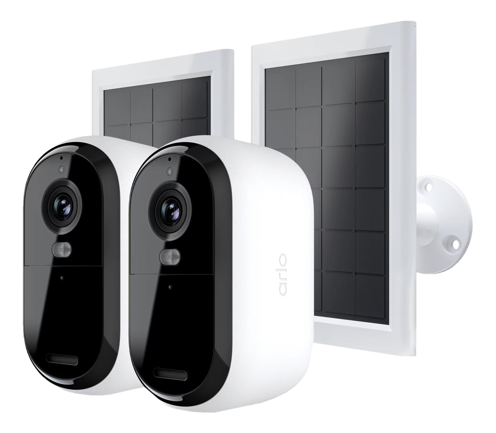 Zwei weiße Überwachungskameras mit schwarzen Linsen und Solarpanelen. Der Markenname 'arlo' ist sichtbar. Der Hintergrund ist schwarz.