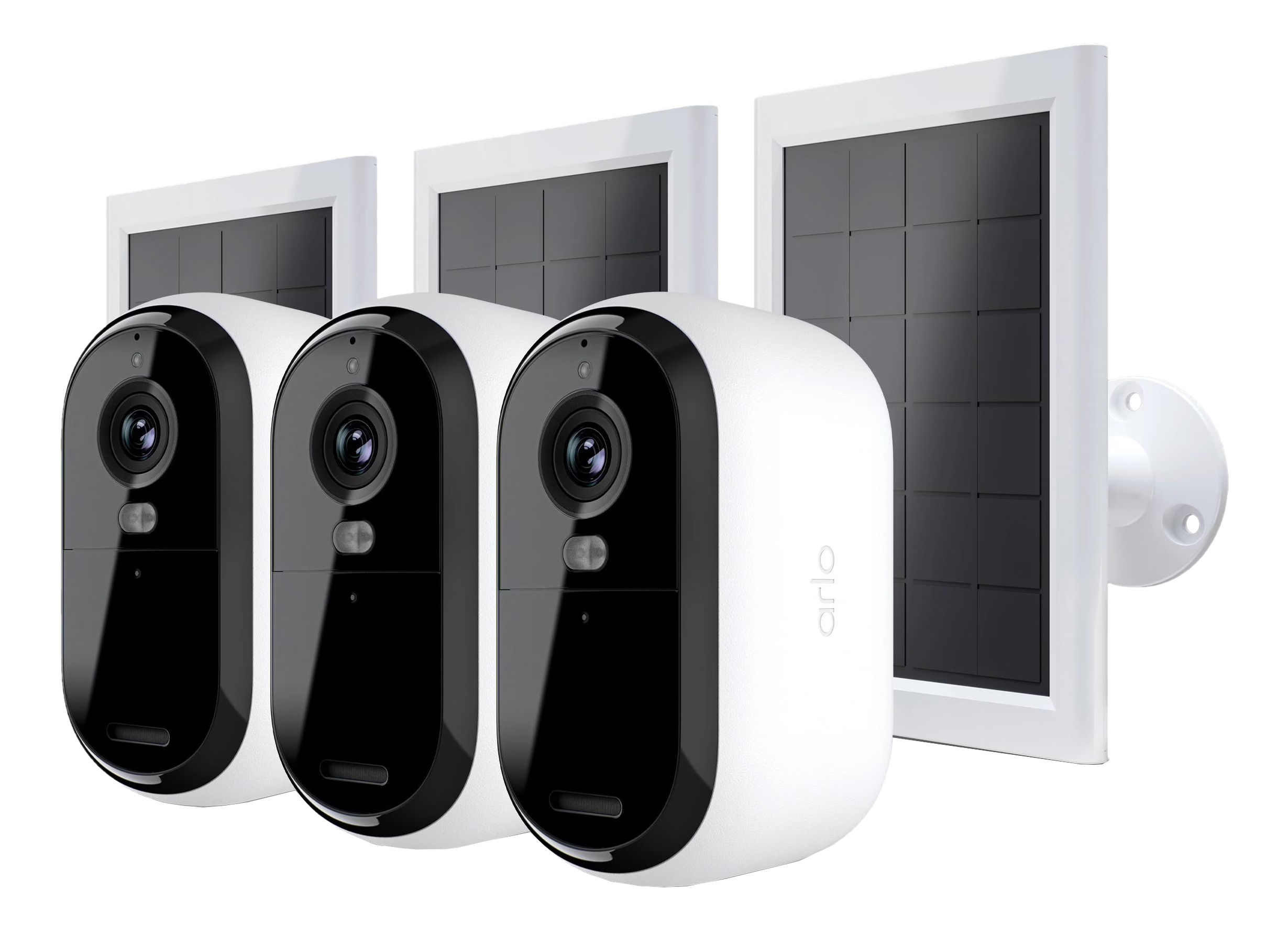 Drei weiße Arlo-Sicherheitskameras mit schwarzen Linsen und Solarpanelen auf schwarzem Hintergrund.