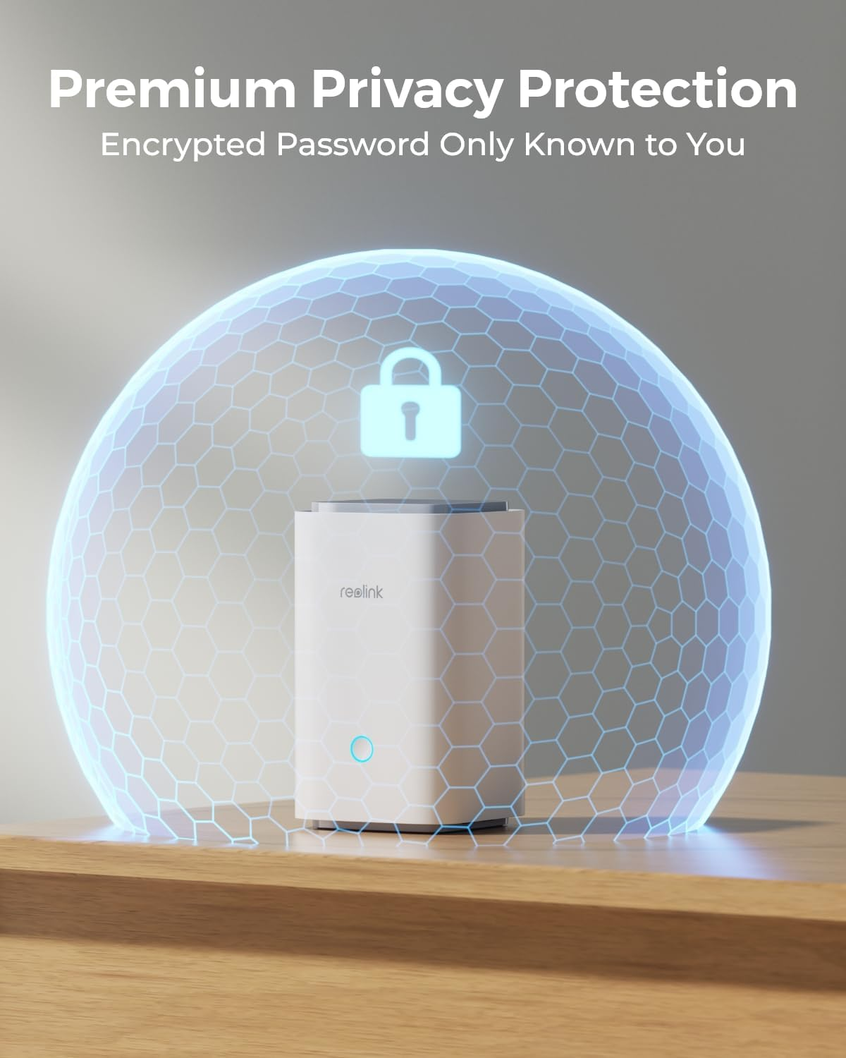 Ein weißes Reolink-Gerät wird von einem blauen sechseckigen Schild geschützt. Der Text oben lautet 'Premium Privacy Protection'.