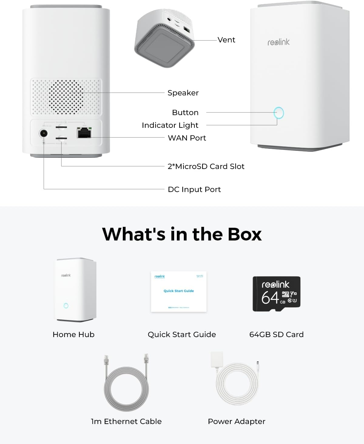 Das Bild zeigt einen weißen Home Hub, eine Belüftung, einen Lautsprecher und andere Komponenten. Es enthält auch die Kurzanleitung, SD-Karte, Kabel und Netzteil.