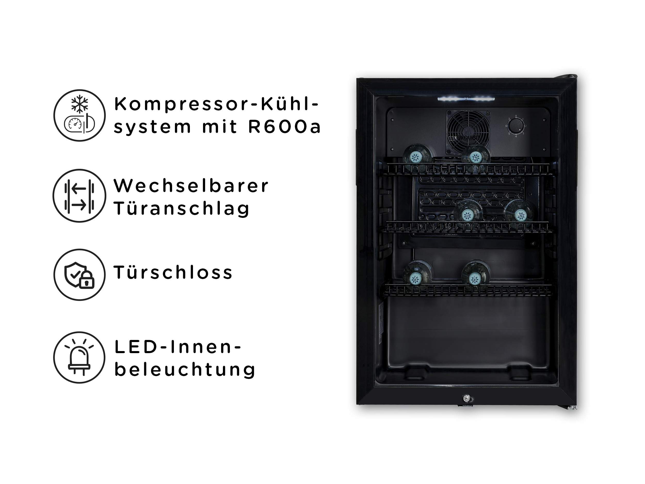 Schwarzer Minikühlschrank mit Flaschen. Merkmale: LED-Beleuchtung, Türschloss und Wendetür.