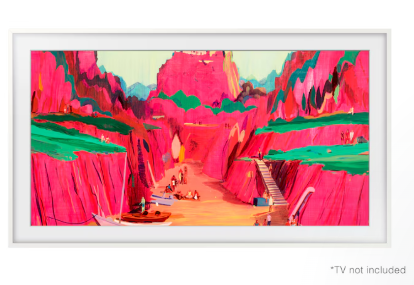 Obraz żywego kanionu z postaciami, łodziami i schodami. Różowe klify i zielona roślinność kontrastują z postaciami.