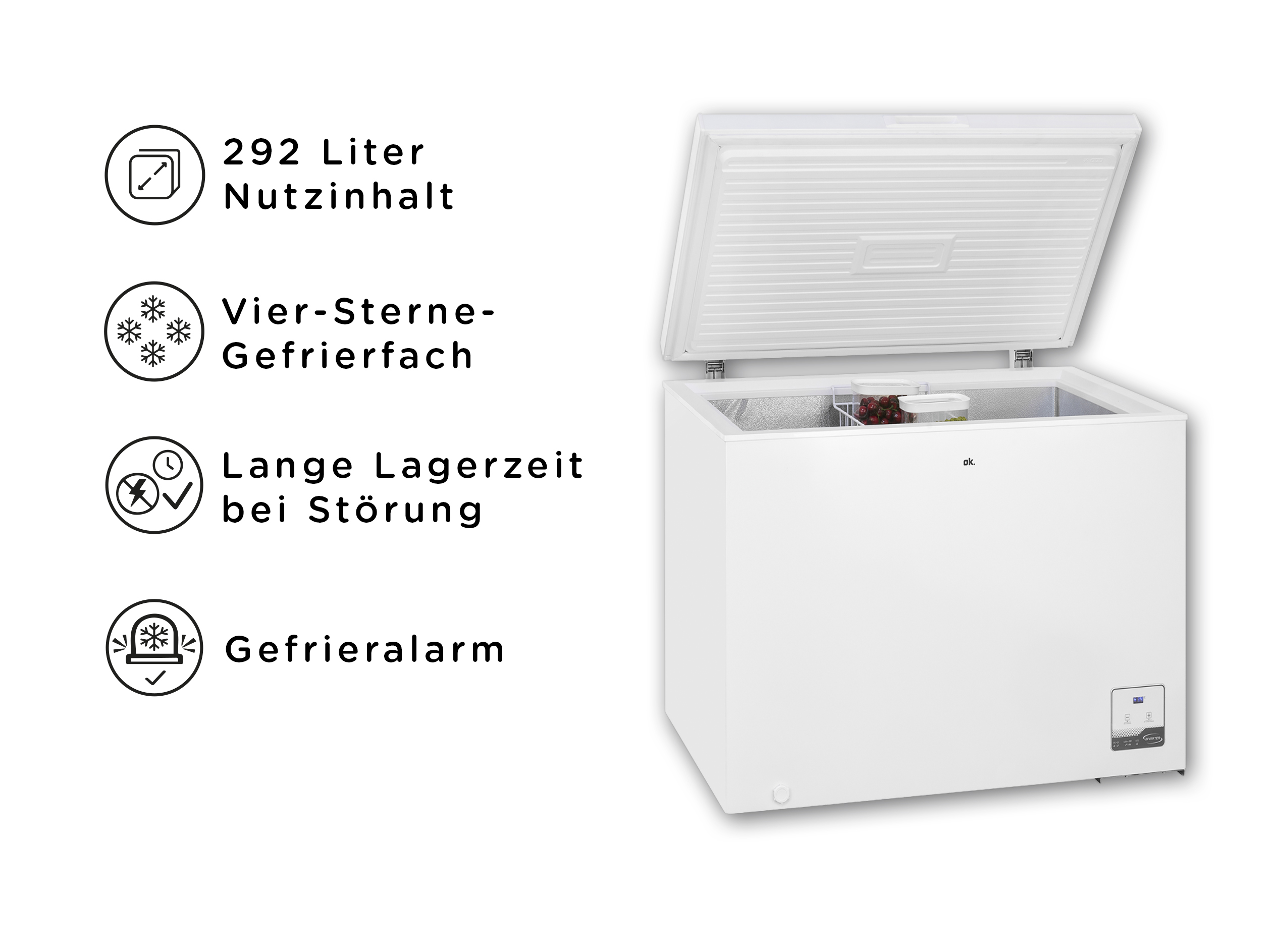 Eine weiße Truhe mit offenem Deckel. Es hat Symbole und Text, die Funktionen und Kapazität anzeigen.