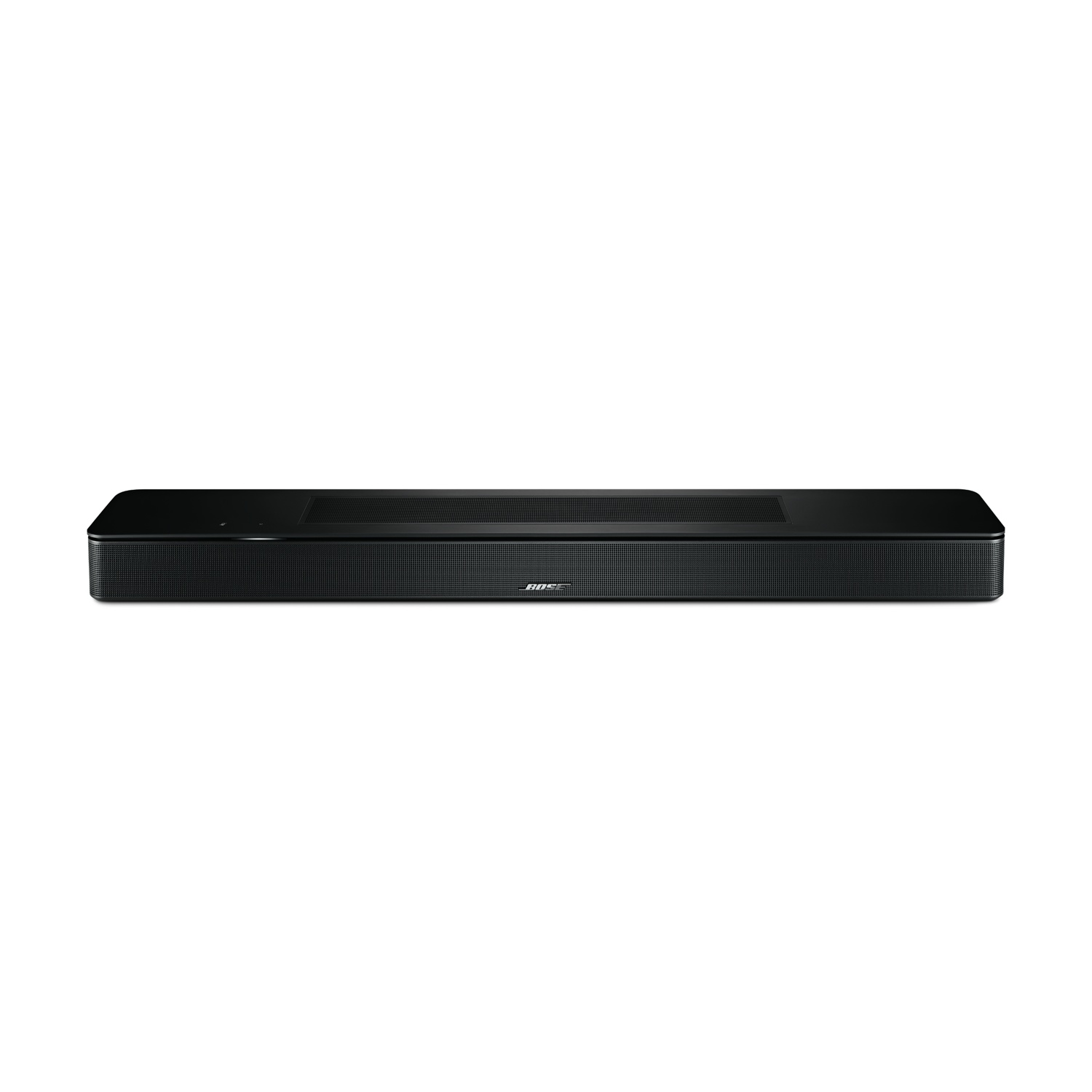 Una soundbar Bose nera su sfondo bianco. Rettangolare, con parte anteriore a rete e il logo Bose.