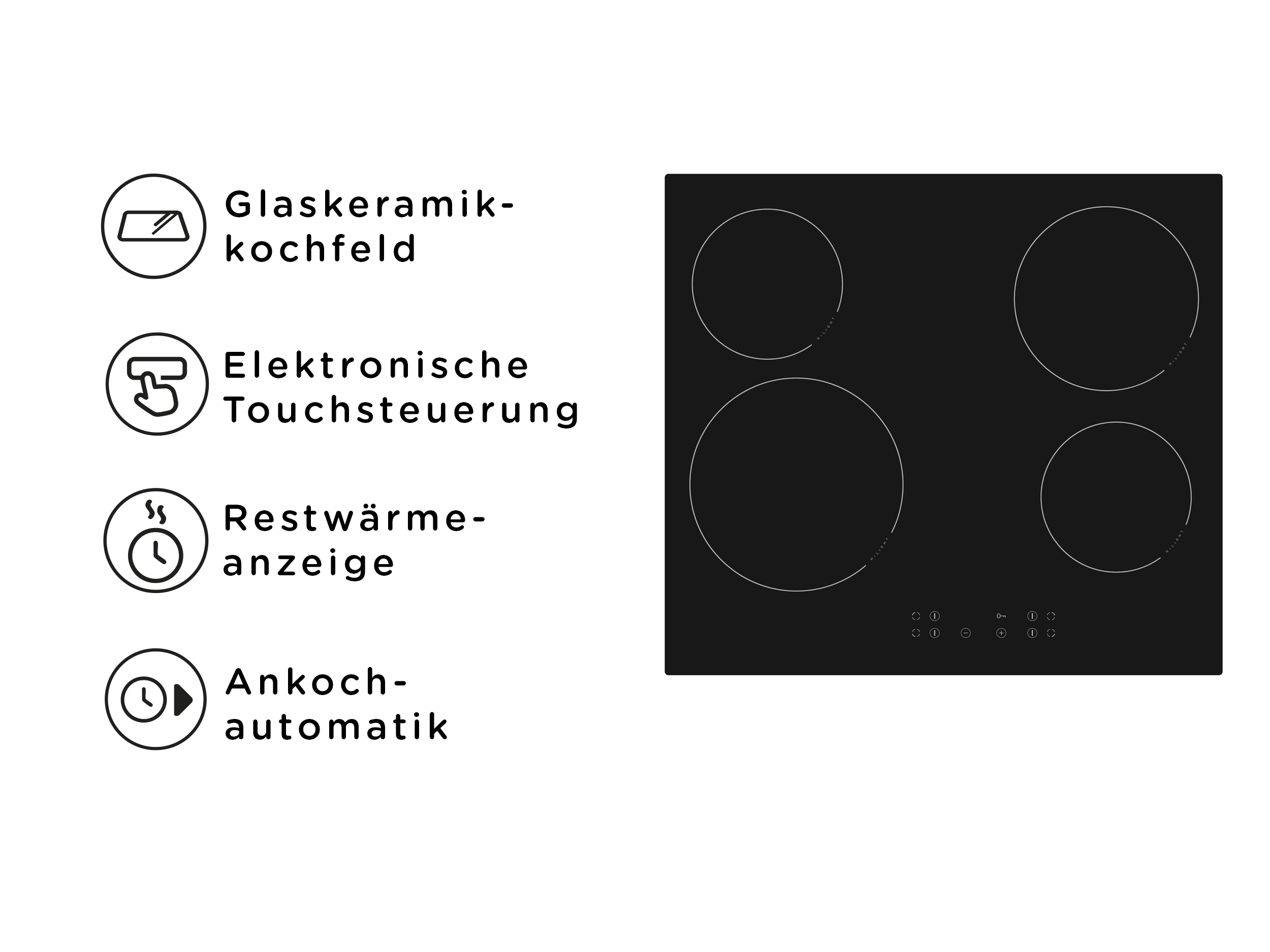 Schwarzes Cerankochfeld mit vier Kochzonen, Touch-Bedienelementen und Funktionssymbolen.