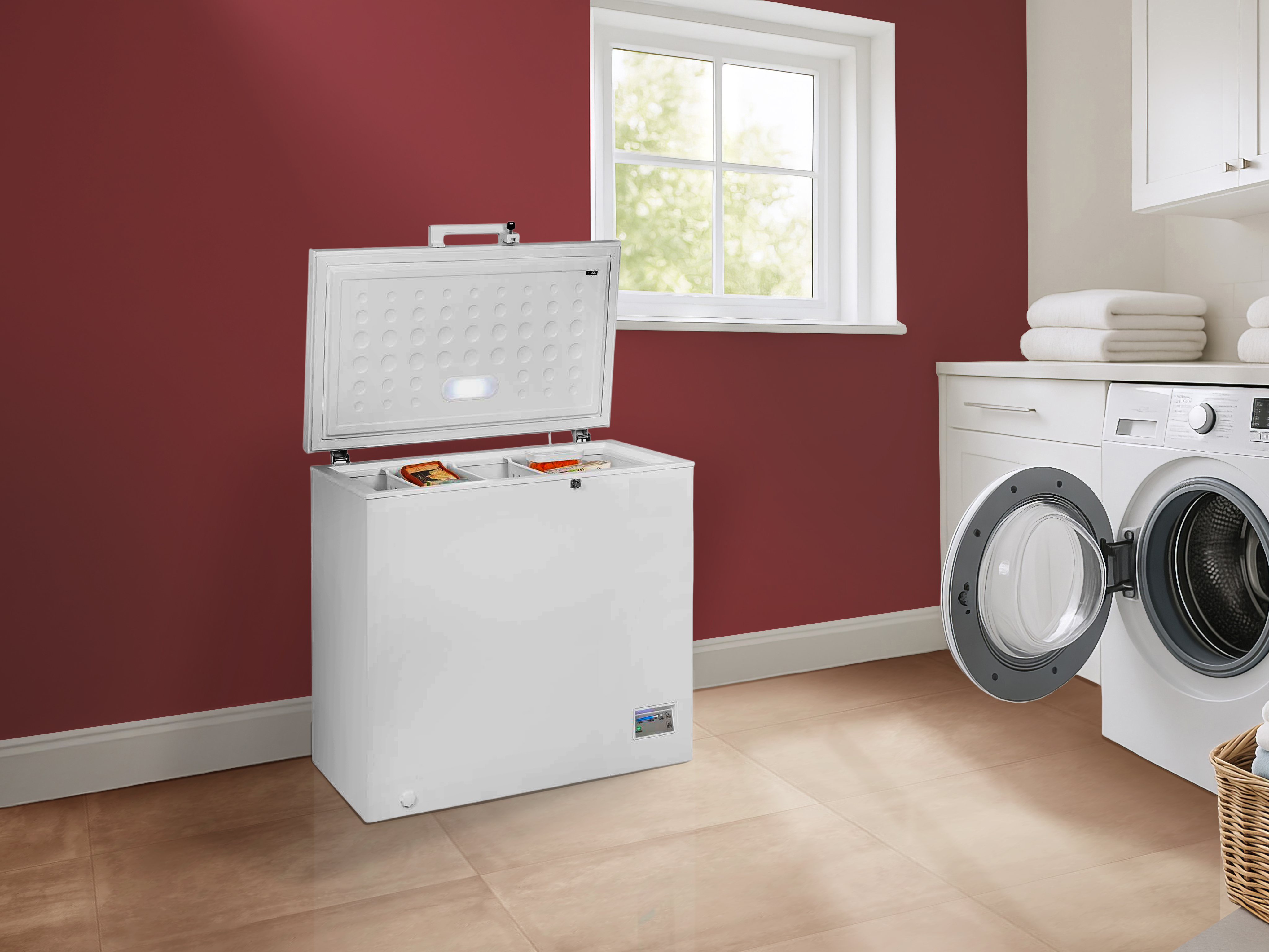 Eine weiße Truhe ist geöffnet und gibt Lebensmittel frei. Eine Waschmaschine ist geöffnet. Rote Wand mit Fenster. Waschraum.