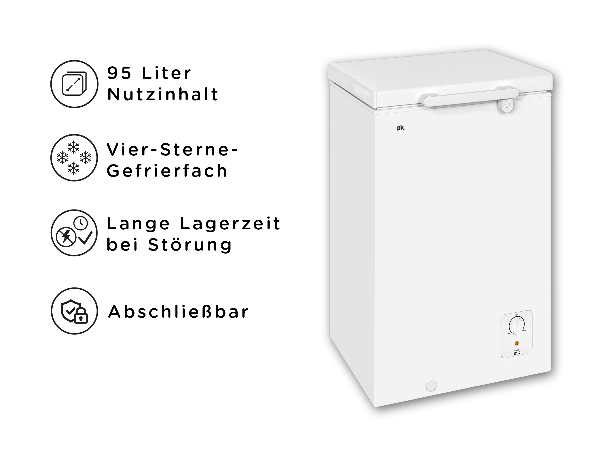 Ein weißer Truhenfrierer auf weißem Hintergrund. Es hat einen Deckel und ein Bedienfeld.