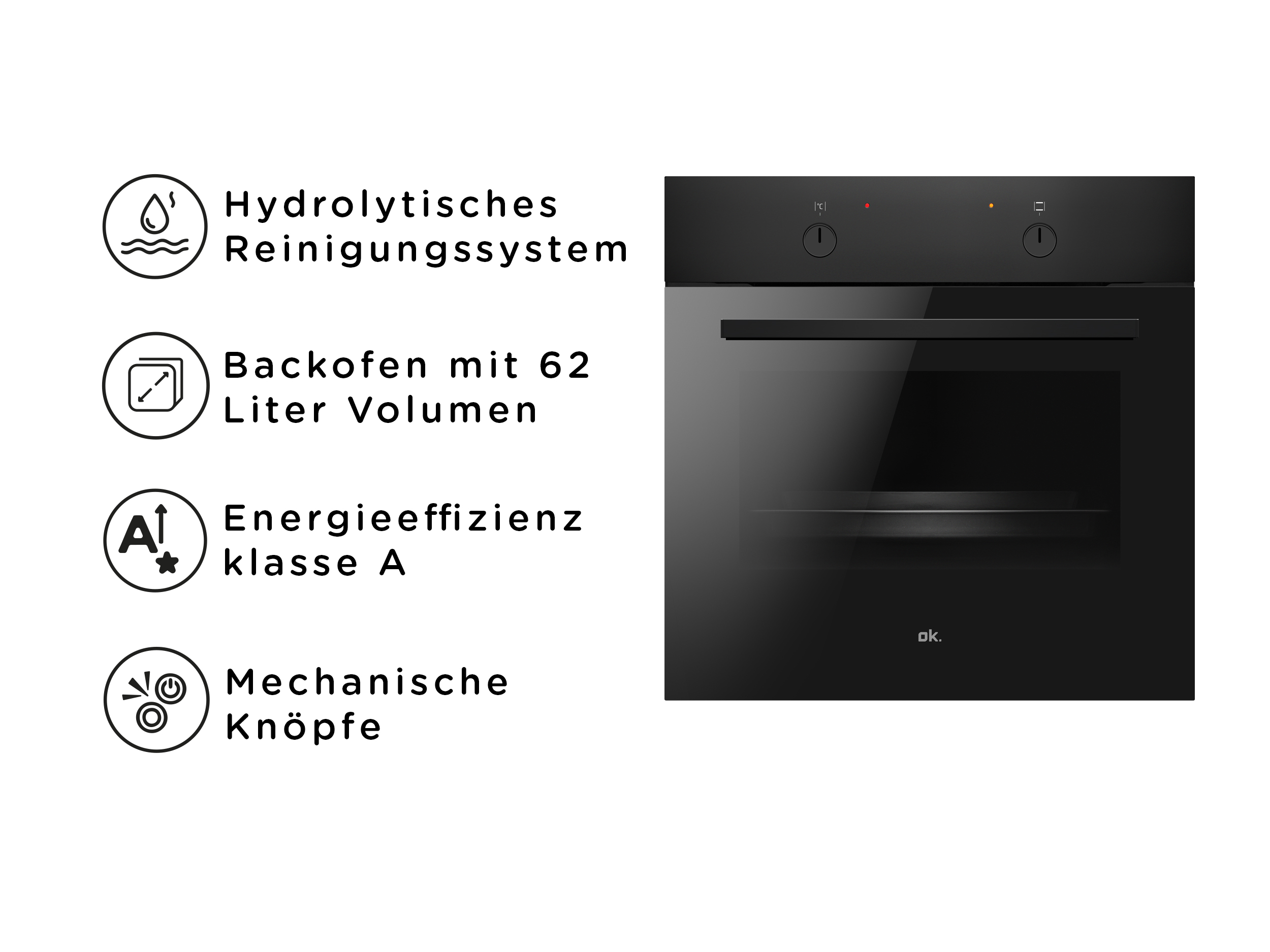 Schwarzer Ofen mit Bedienelementen. Text: Hydrolytisches Reinigungssystem, Backofen, Energieeffizienz Klasse A, Mechanische Knöpfe.