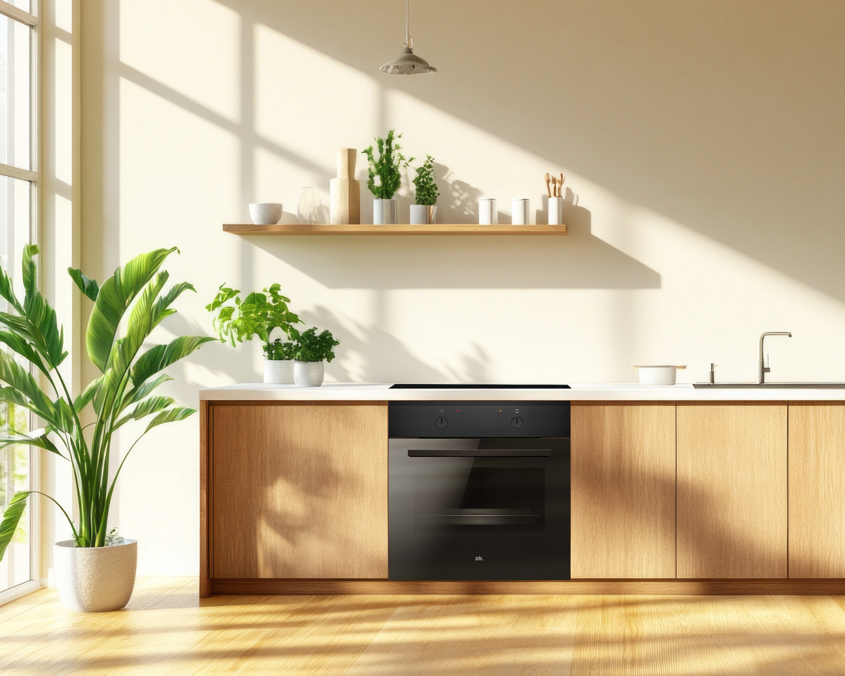 Kücheninnenraum mit Ofen, Pflanzen, Holzschränken und Fenster. Sonnenlicht wirft Schatten.