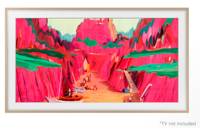 Obraz różowego kanionu z postaciami, łodziami i schodami. Zielone akcenty, jasne niebo i drewniana rama.